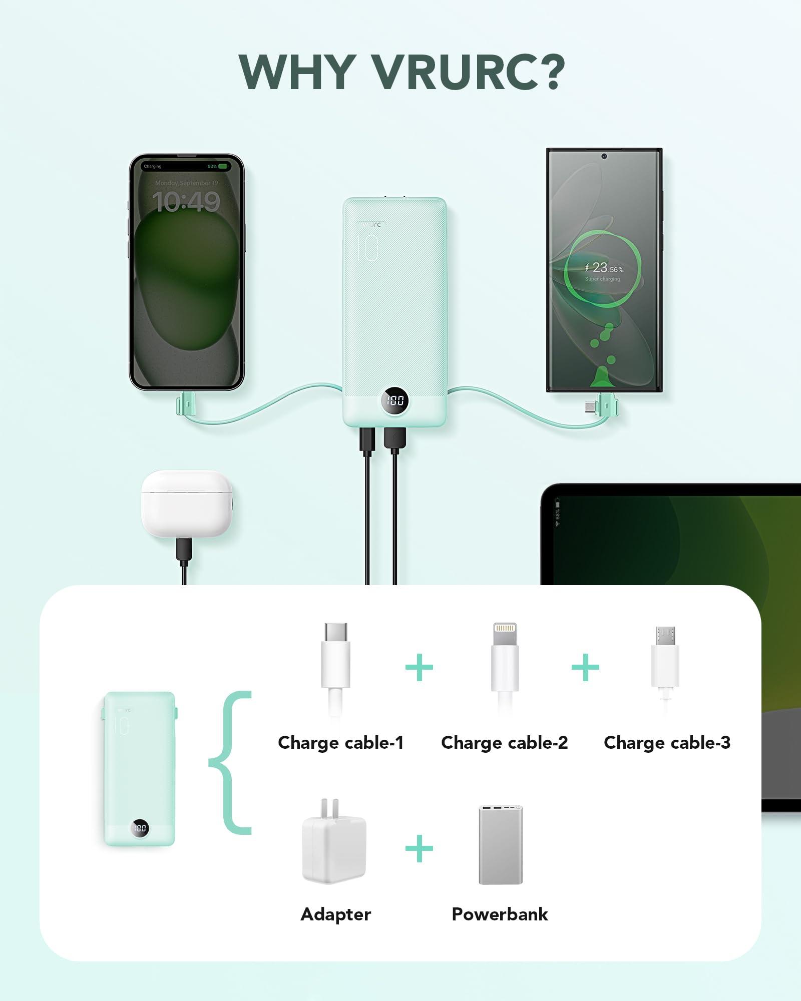 VRURC Portable Charger Built-in Cables and AC Wall Plug, USB C Power Bank 10000mAh, Travel Battery Portable Phone Charger Compact Lightweight External Battery Pack for Smart Phones, Tablets etc-Green - Image 4