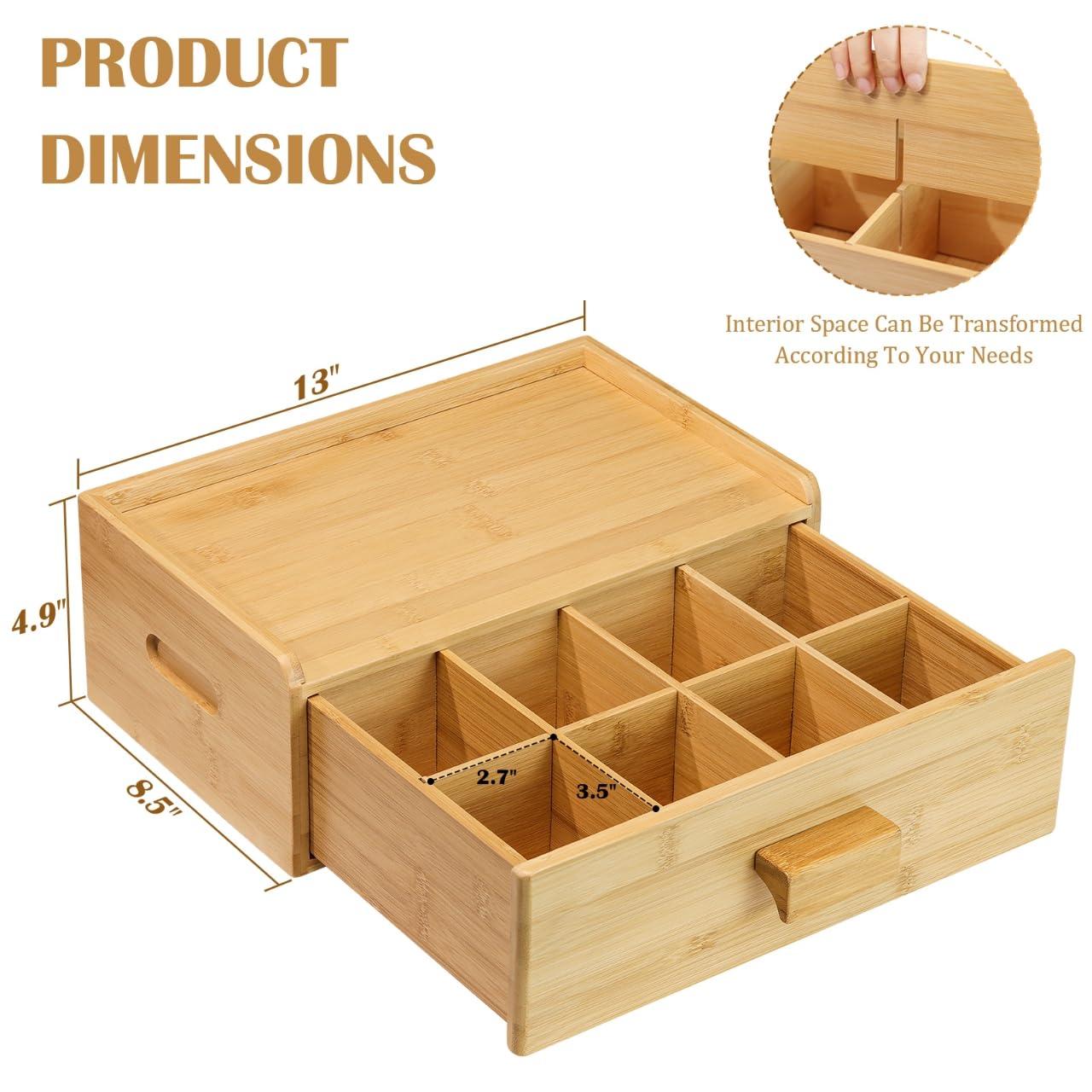 MOCAS Bamboo Tea Bag Organizer, Slide Drawer Storage Box with 8 Compartments, Eco-Friendly Countertop Holder Display for Teabags, Tea Station Chest, Organizador De Te - Image 3