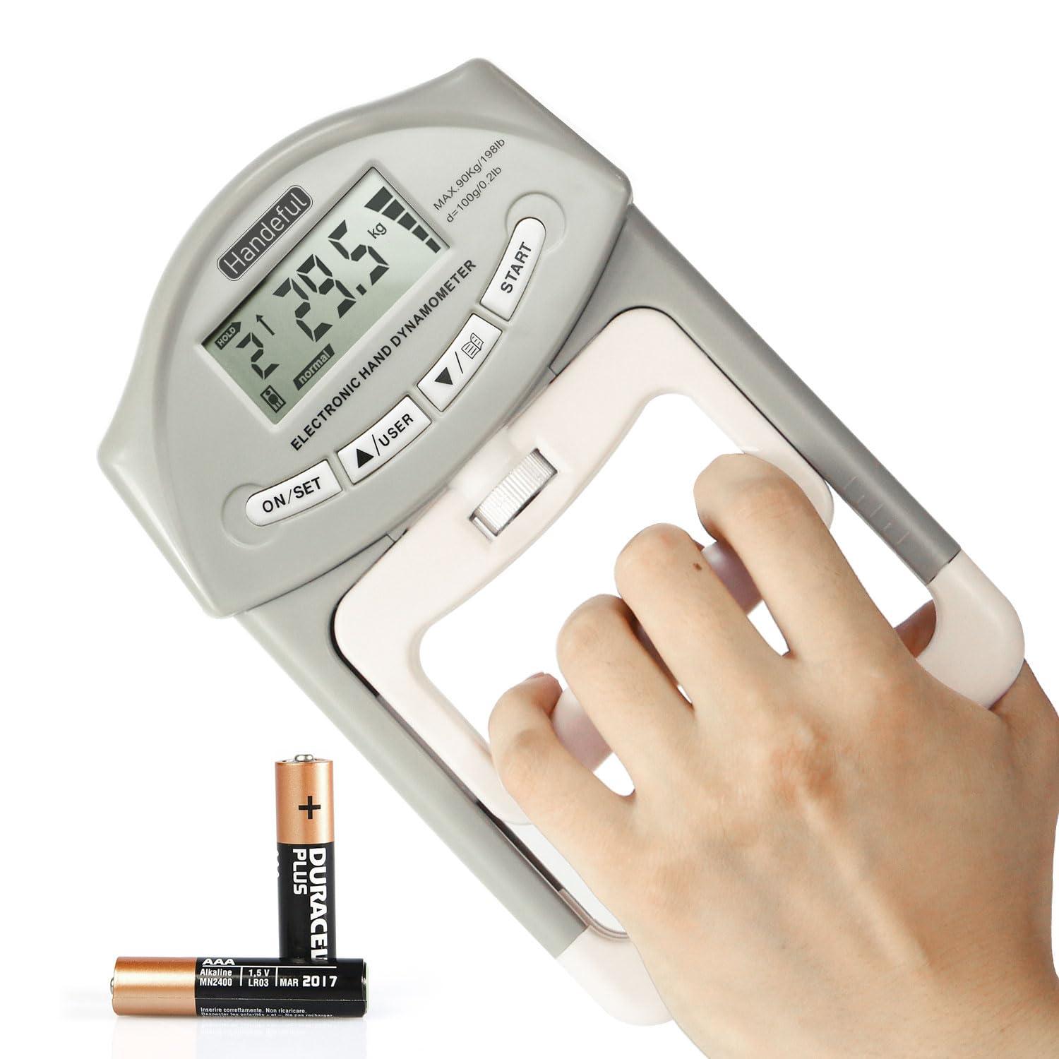 Handeful Grip Strength Tester Trainer - Dynamometer Handgrip Measurer Meter, Handheld Strengthener Exerciser for Sports, School, and Home Use (198Lbs / 90Kgs)