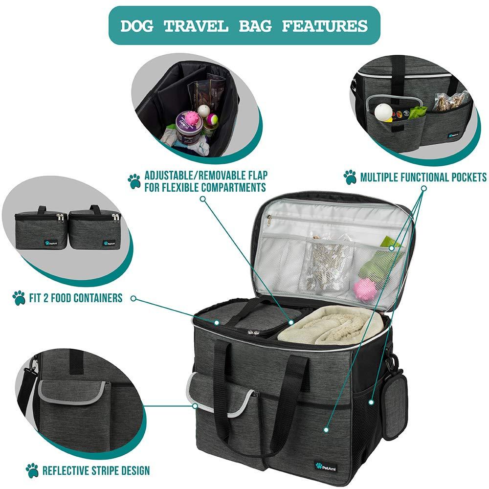 PetAmi Dog Travel Bag - Organizer with Food Container and Bowls, Supplies for Weekend Camping, Cat Diaper Bag (Charcoal, Large) - Image 4
