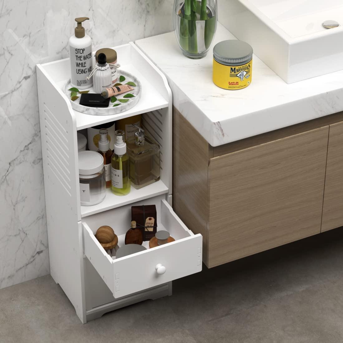 Rerii Bathroom Storage Cabinet, Small Floor Bathroom Organizer Free Standing, Side Toilet Cabinet with Drawer and Door, White - Image 7