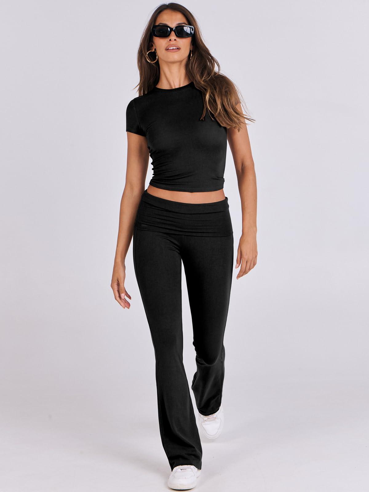 ANRABESS 2 Piece Sets for Women Lounge Sets Foldover Yoga Flare Leggings Pants and Cropped Tops Casual Y2k Outfits - Image 9