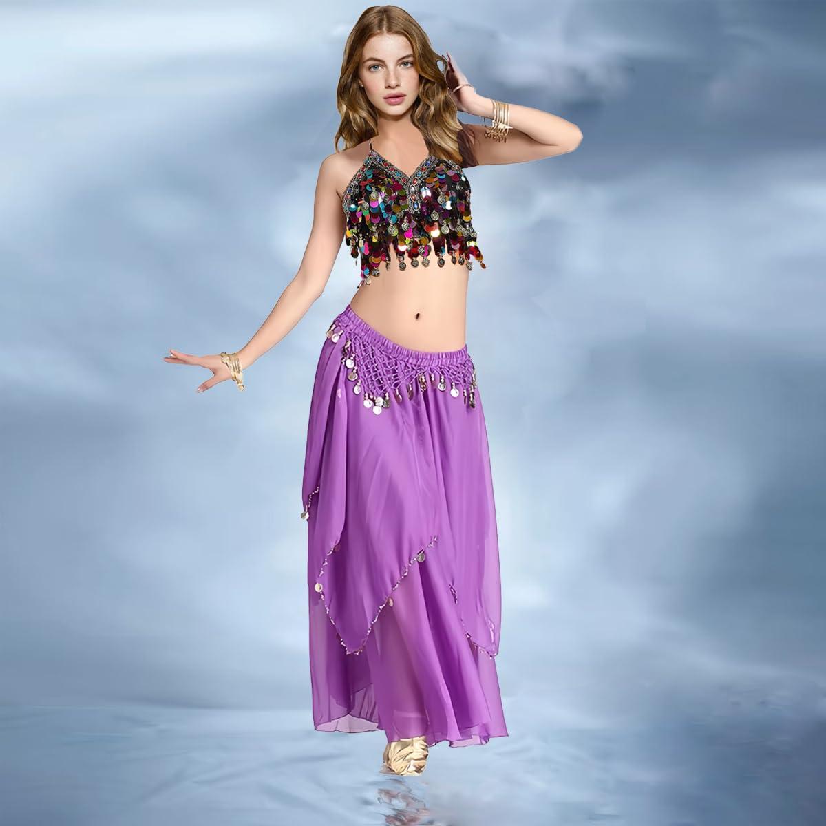 Tefrica Women's Chiffon Belly Dance Costume Skirts Indian Dance Skirt with Coins - Image 7