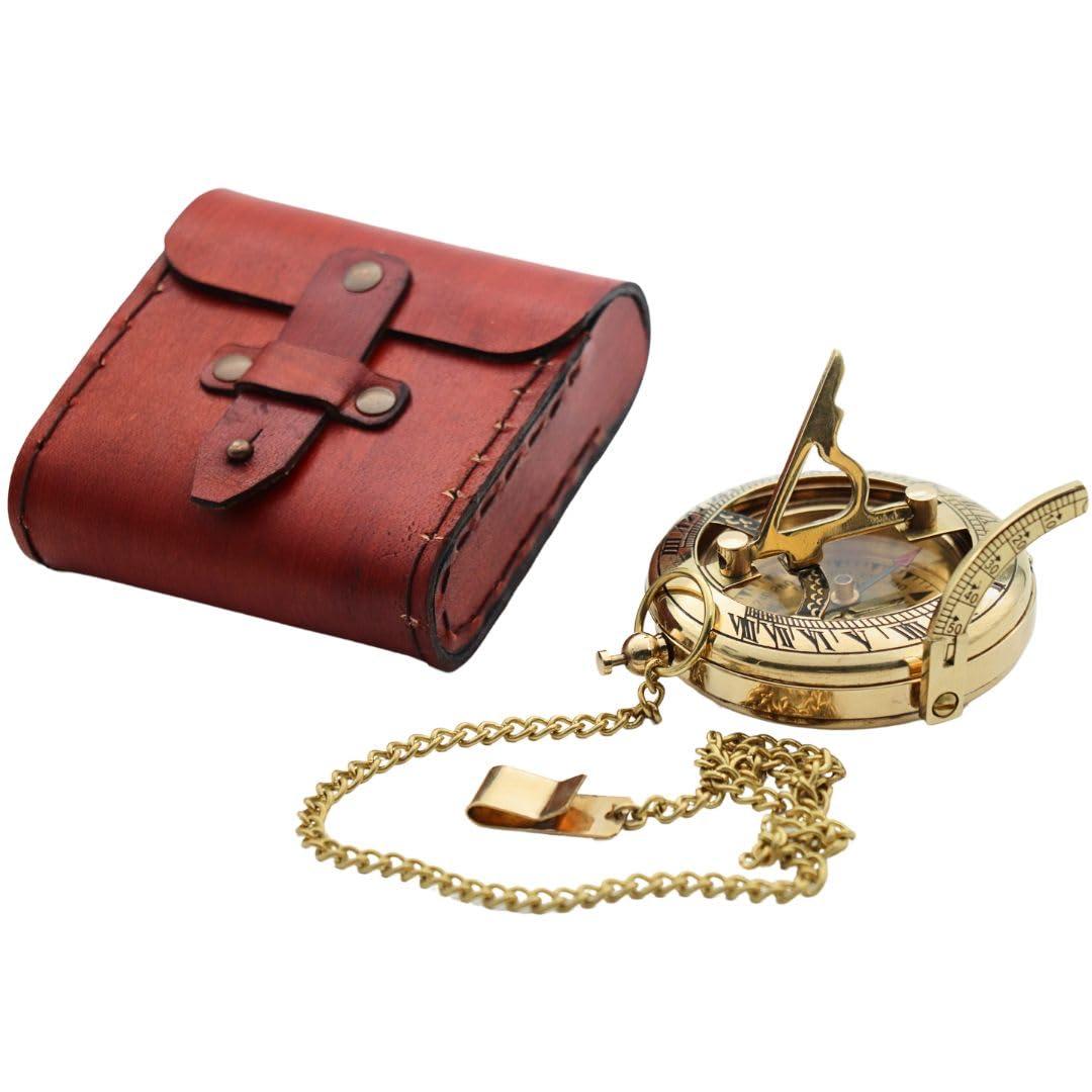 Vintage Brass Sundial Compass with Leather Case - Antique Brass & Copper Sun Clock for Camping, Hiking, Touring - Engraved Gift for Him - Nautical Ship Replica Watch - Sundial Clock in Box - Image 3