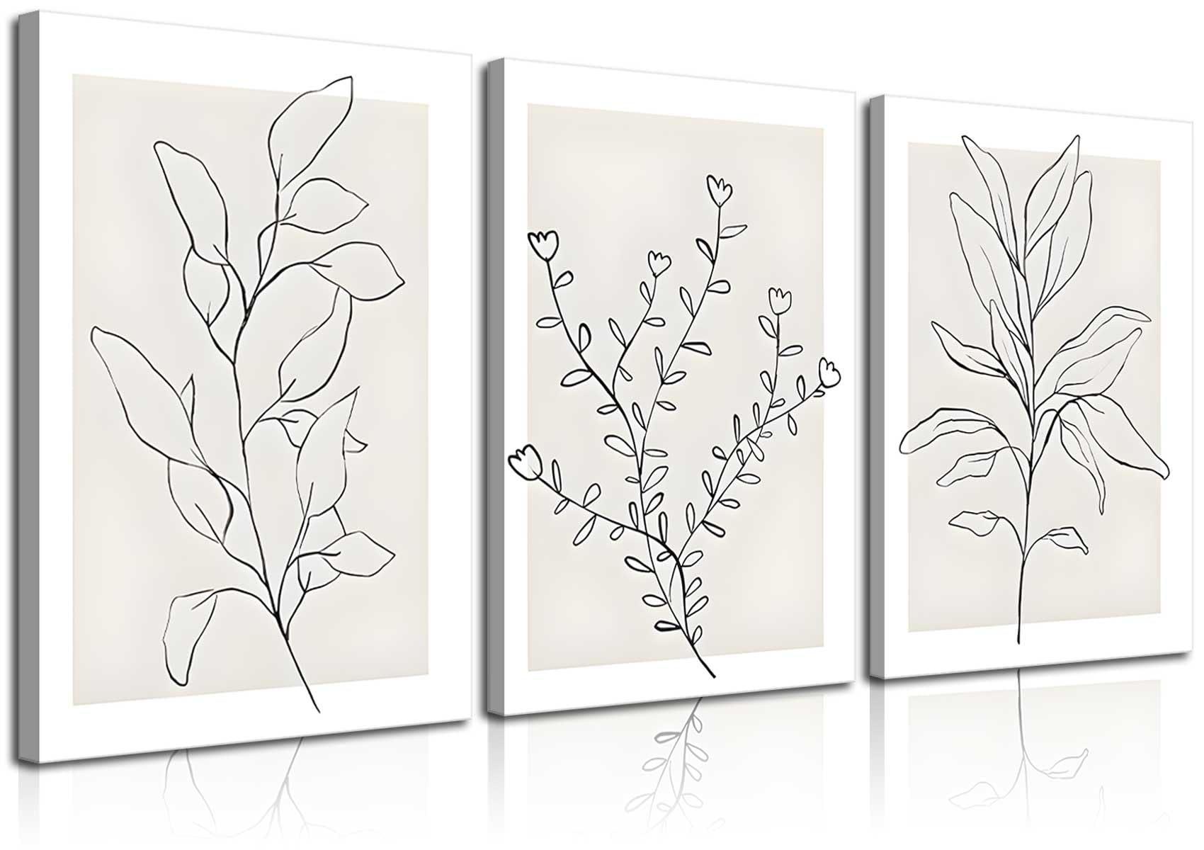 3Pcs Framed Neutral Botanical Wall Art Minimalist Abstract Botanical Line Canvas Posters Prints Modern Beige Boho Plant Paintings Wall Decor Pictures for Bedroom Living Room Home Decoration