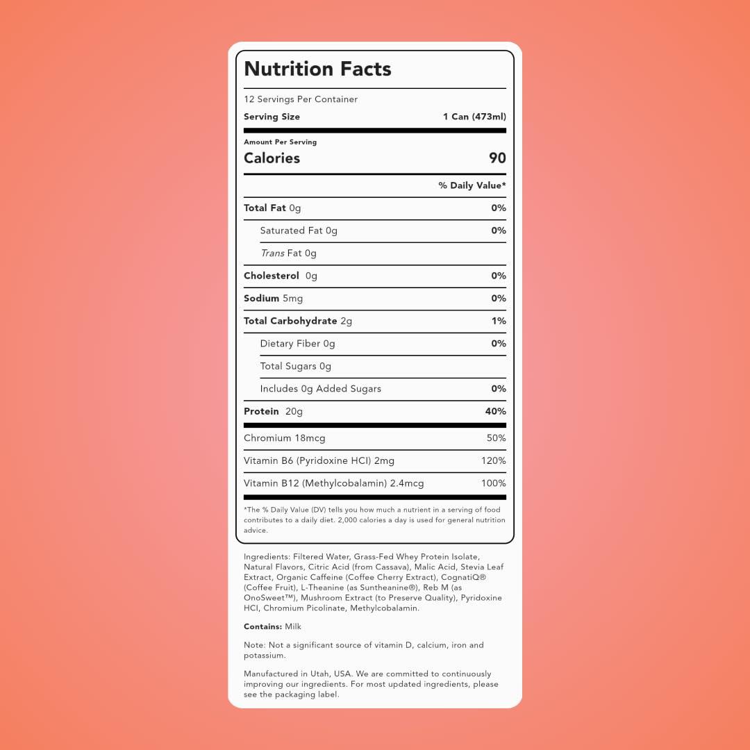 Clean Simple Eats Clear Protein + Energy Drink, 20G Grass Fed Whey Protein Isolate, 100MG Natural Caffeine, L Theanine & Cognatiq, No Artificial Ingredients, Sun-Kissed Peach Flavor, 16 Oz Cans, 12 Pk - Image 2