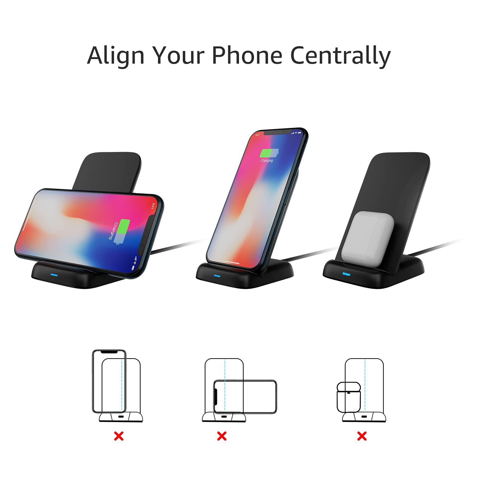Amazon Basics 10W Qi Certified Wireless Charging Stand, for Phone 16/15/14/13/12/11/X, Samsung, and More, with USB Cable (No AC Adapter), Black - Image 4