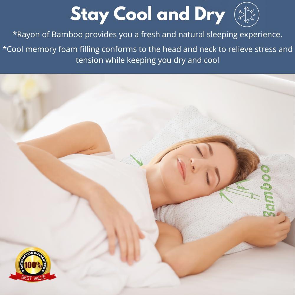 Memory Foam Bamboo Pillows King Size Set of 2 [Adjustable] for Sleeping - Cool & Breathable Cover with Zipper Rayon Derived from Bamboo Pilllowcase - Relieves Neck Pain - Back/Stomach/Side Sleeper - Image 2