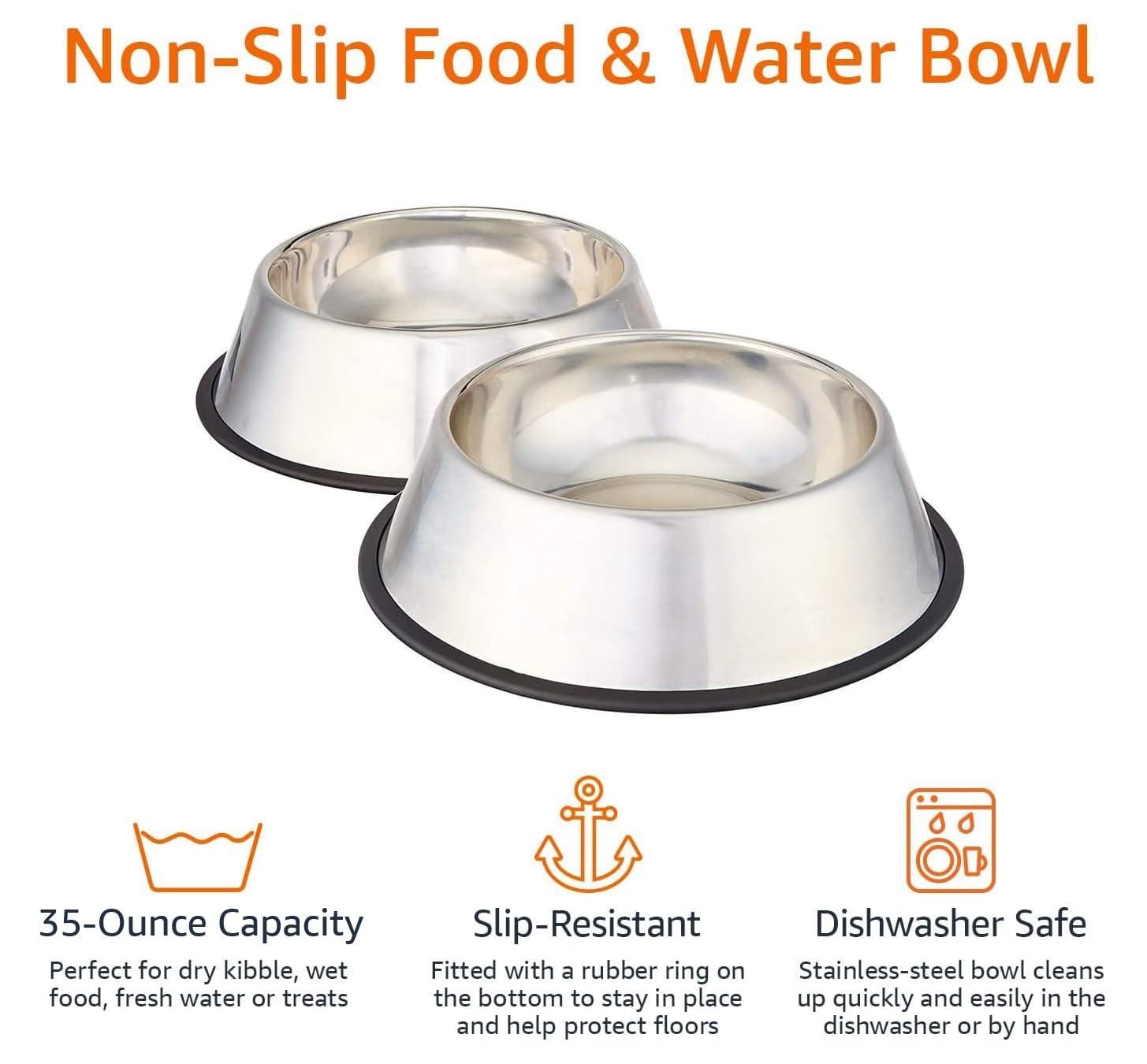 Amazon Basics Stainless Steel Non-Skid Pet Dog Water And Food Bowl, 2-Pack (10 x 2.8 Inches), Each Holds Up to 4 Cups - Image 3