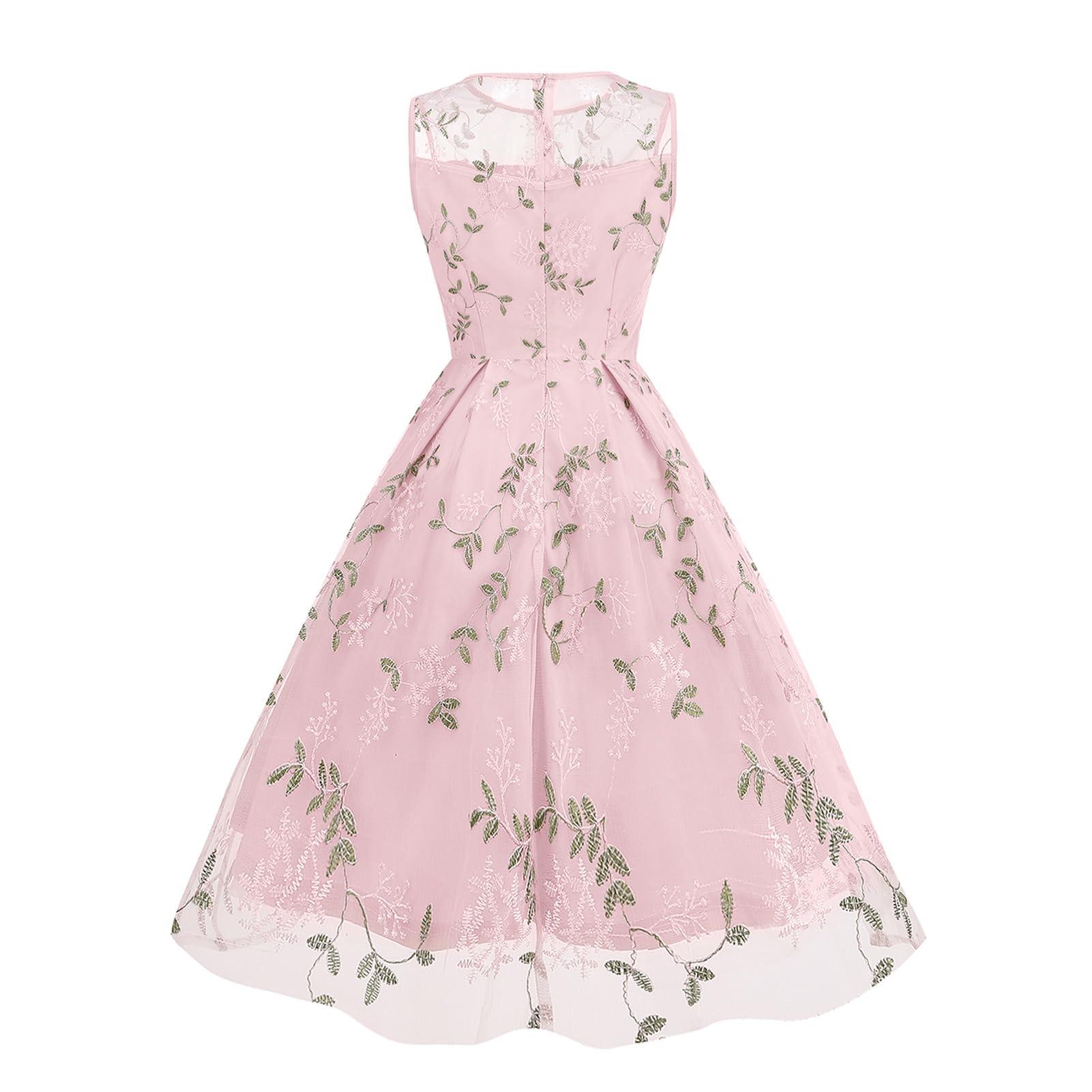 Women's Vintage 1950s Floral Embroidery Dress Sleeveless Mesh Cocktail Wedding Evening Party Prom Swing Dress - Image 2