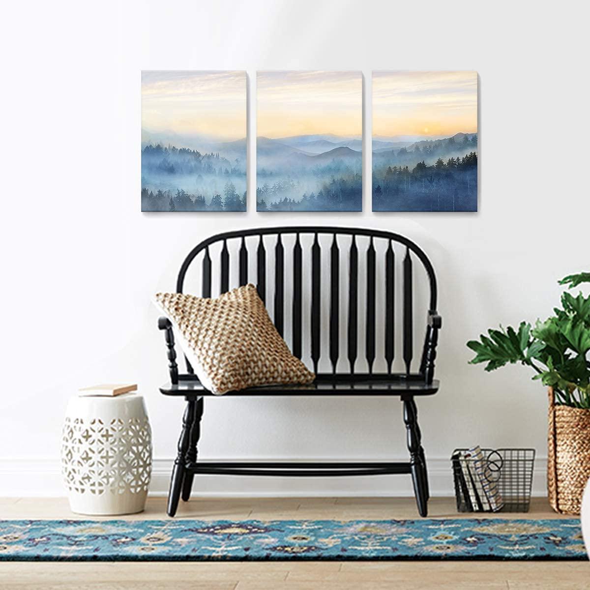 Wall Decor for Bedroom 3 Panel Sunrise Misty Forest Print Picture Paintings Wall Art for Living Room Bathroom Framed Canvas Artwork Modern Room Wall Decorations Size 12x16 x 3 Piece Ready to Hang - Image 3