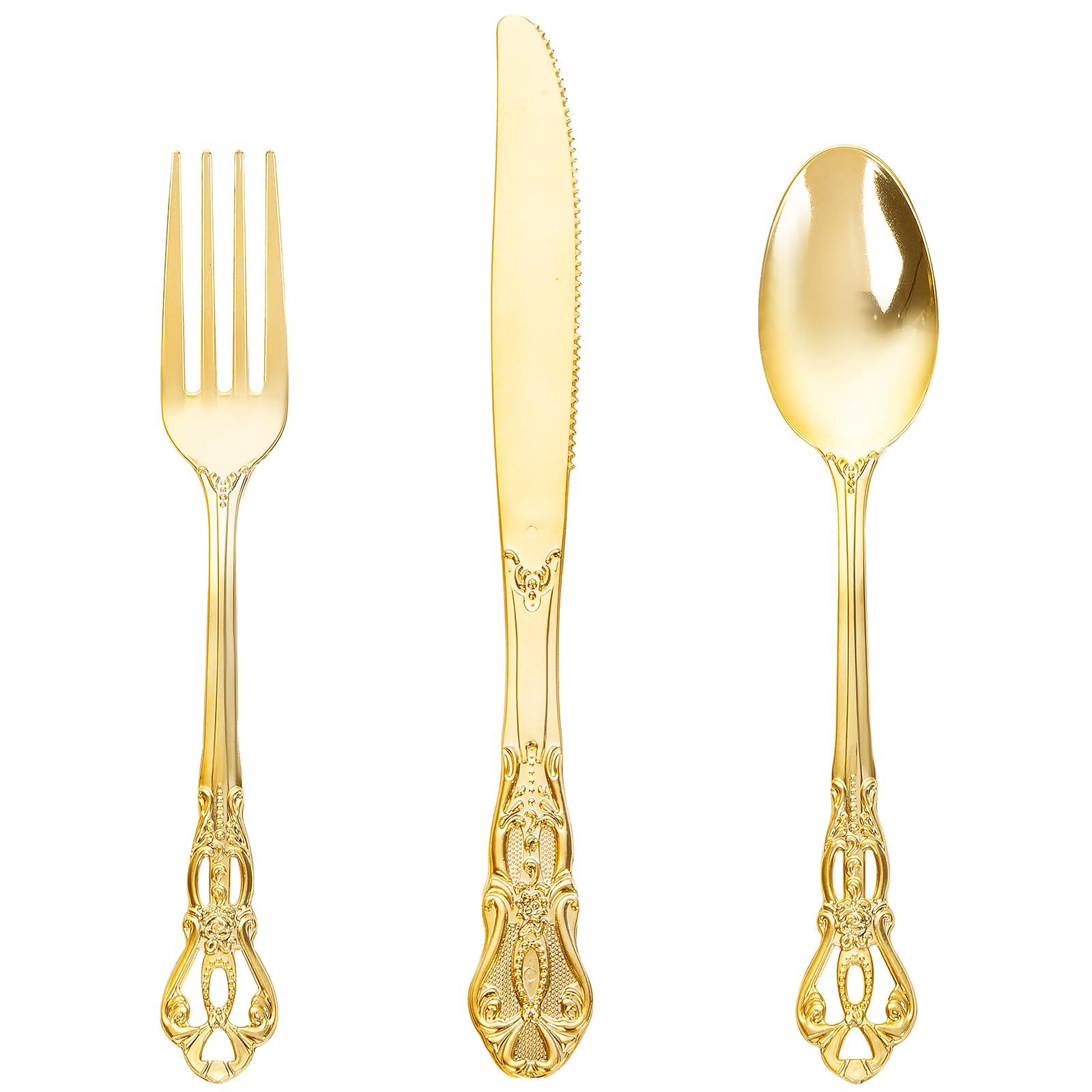 Joyido 90 Pieces Gold Plastic Silverware - Heavy Duty Gold Disposable Utensils - Fancy Plastic Cutlery Set Includes 30 Forks, 30 Spoons, 30 Knives for Dinner Parties Weddings