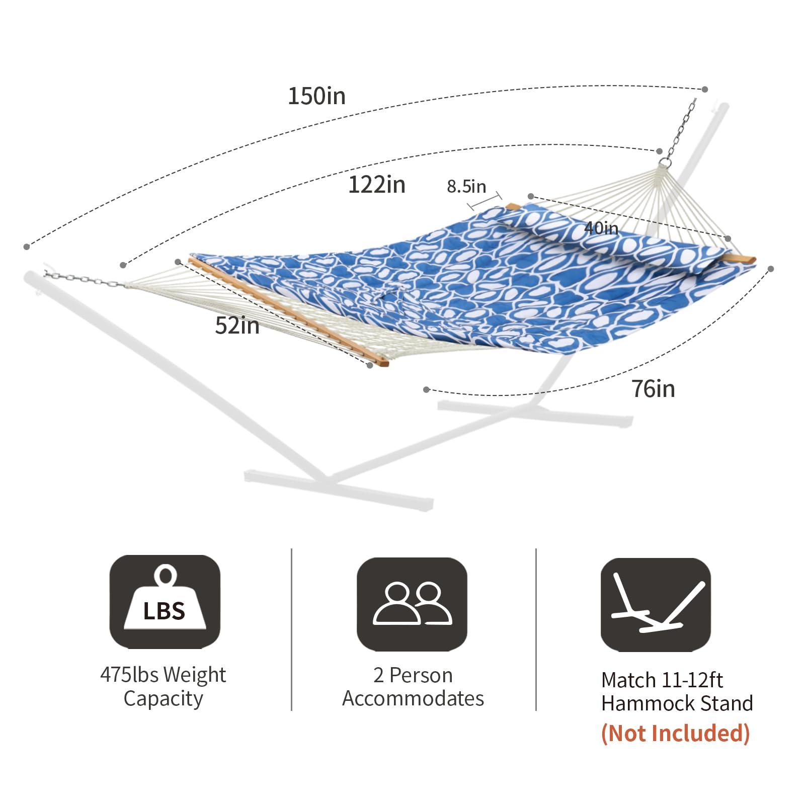 CHULIM Outdoor Double Hammock with Hardwood Spreader Bars Cotton Rope Hammock with Polyester Pad and Pillow 475 LBS Capacity 2 Person Hammock Large Hammock for Patio Backyard Poolside - Blue Printing - Image 2