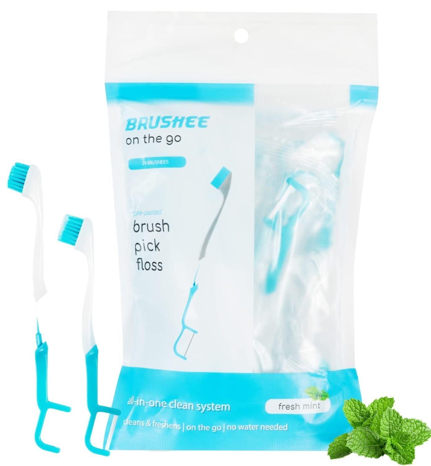 Brushee - The Evolution of Oral Care | 4-in-1 Tool (Paste + Brush + Floss + Pick) | Individually Wrapped | Disposable | Prepasted Travel Toothbrushes | Small Adult Toothbrush - (24-Pack)