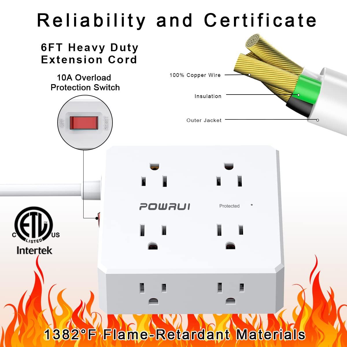 Surge Protector Power Strip - 6 Ft Flat Plug Extension Cord with 8 Widely Outlets and 4 USB Ports(1 USB C), 3 Side Outlet Extender for Home Office, White, ETL Listed - Image 5
