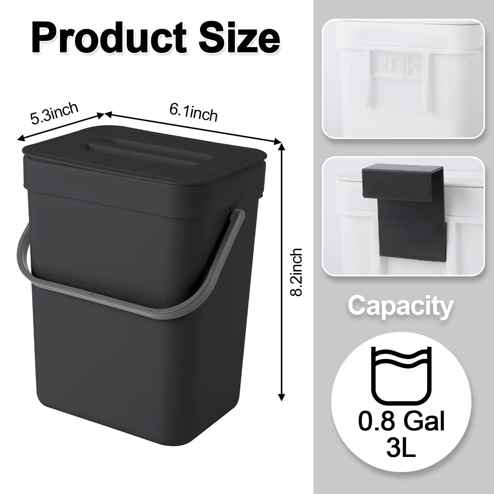 Household Wall Mounted Kitchen Trash Can, Hanging Trash Can with Lid, Kitchen Compost Bin, Multifunctional, Suitable for Bathroom/Bedroom/Office (Black, 3 Liters/0.8 Gallol) - Image 2