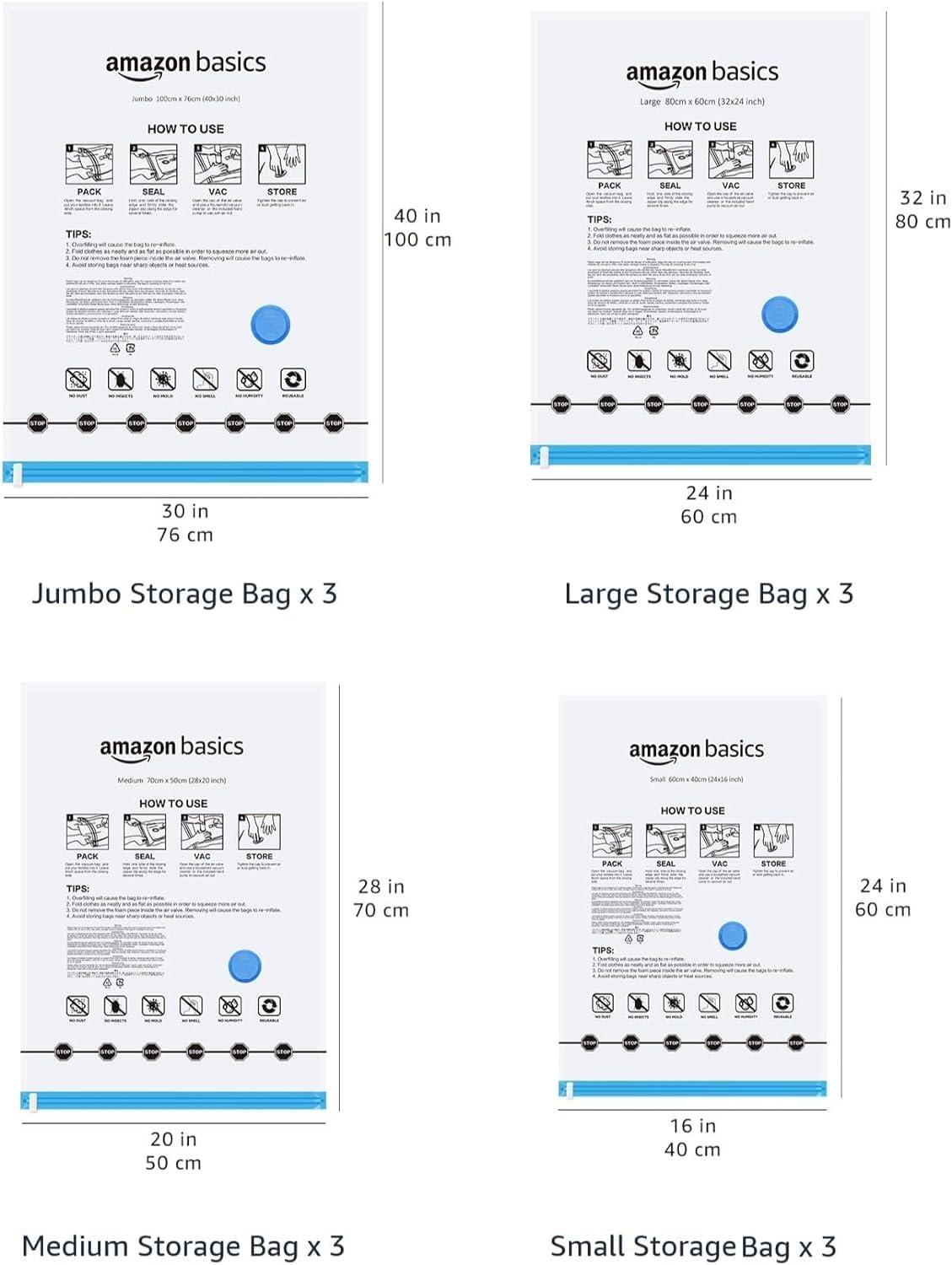 Amazon Basics Vacuum Compression Space Saving Storage Bags with Hand Pump for Travel, Multiple Sizes for Clothes and Blankets, Clear, 12 Pack (3 Small, 3 Medium, 3 Large & 3 Jumbo) - Image 3
