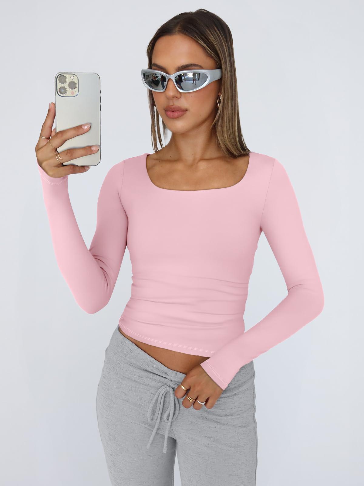Trendy Queen Womens Long Sleeve Shirts Crop Tops Square Neck Going Out Basics Tees Y2K Winter Clothes 2025 - Image 2