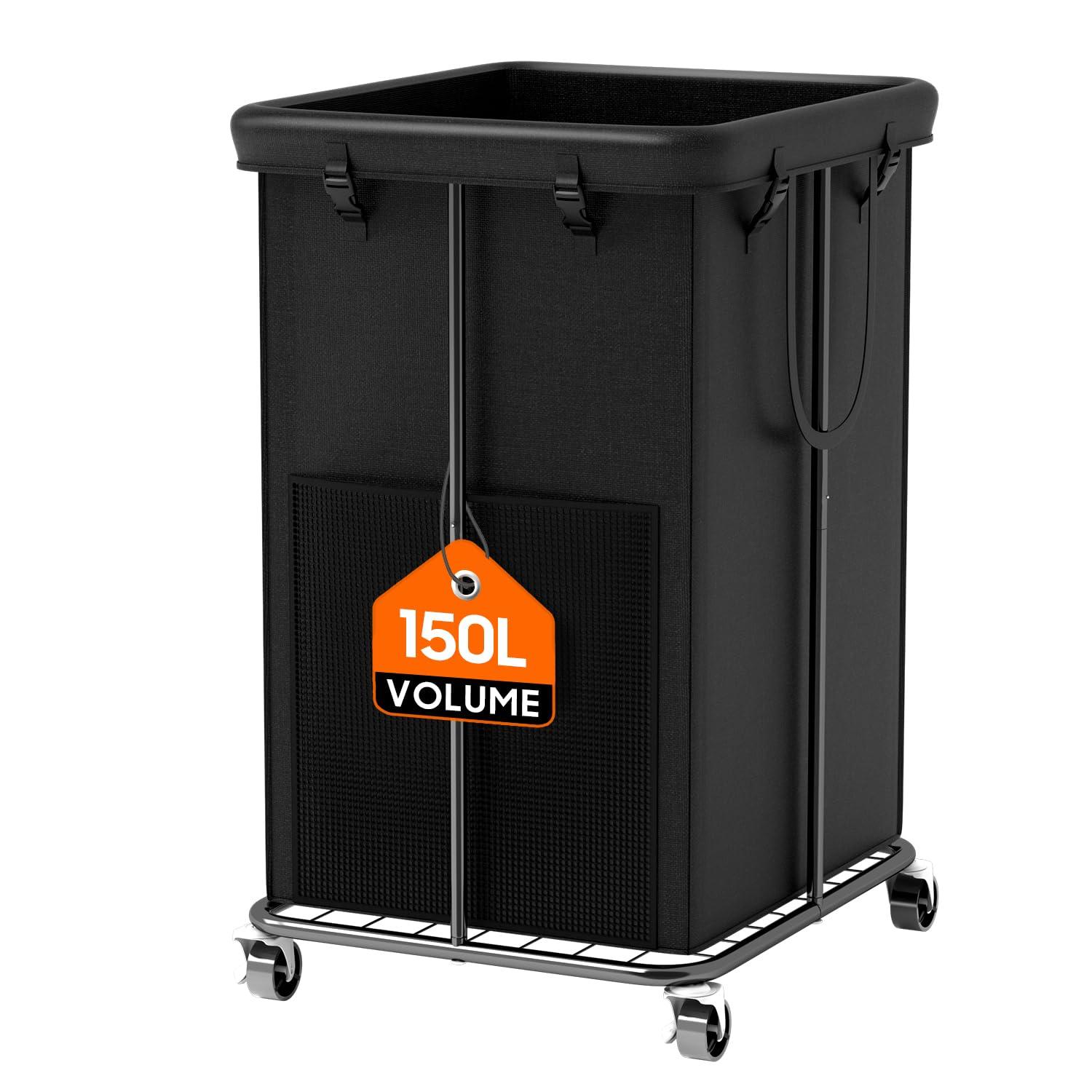 150L Large Laundry Basket with Wheels, Rolling Laundry Hamper with Removable Laundry Bag & Metal Frame, Oxford Fabric Dirty Clothes Hampers for Bedroom, Laundry Room, Bathroom, Dorm(Black)