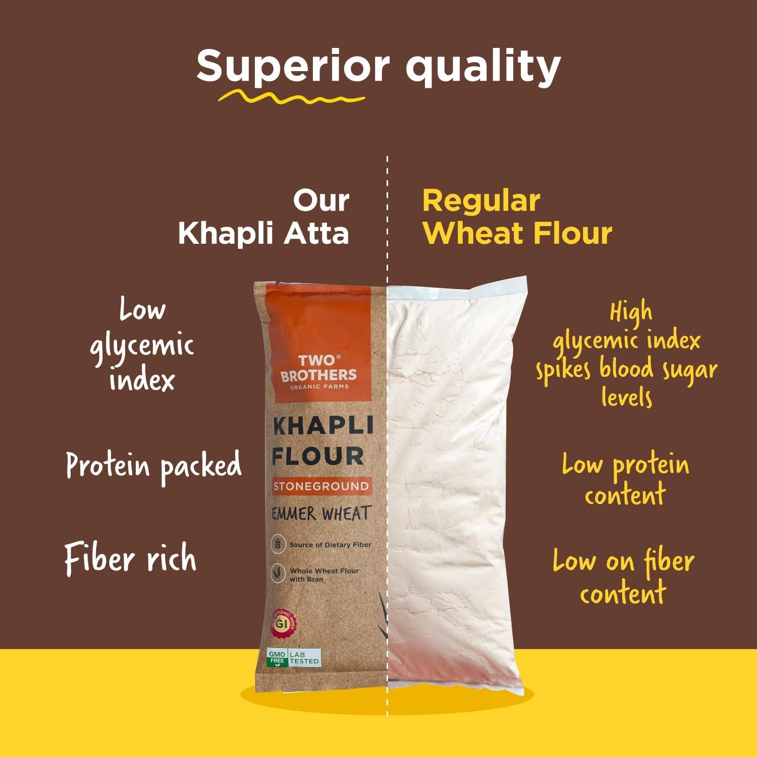 Two Brothers Organic Farms - Khapli Wheat Flour (5kg) | Low-Gluten Wheat Flour | High Dietary Fiber for Easy Digestion | Stoneground Emmer | Khapli Atta | Organic Atta (Pack of 1 kg x 5) - Image 5