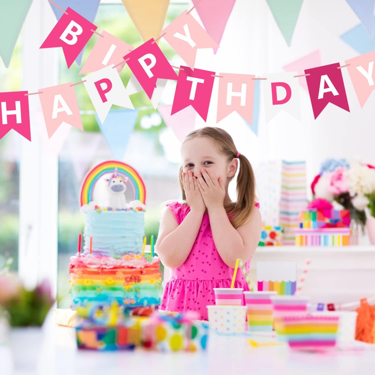 Waenerec Pink Happy Birthday Banner Sign Happy Birthday Bunting Banner Garland for Kids Girls Baby 1st Birthday Tea Party Decorations Bunting Flag Birthday Party Supplies - Image 3