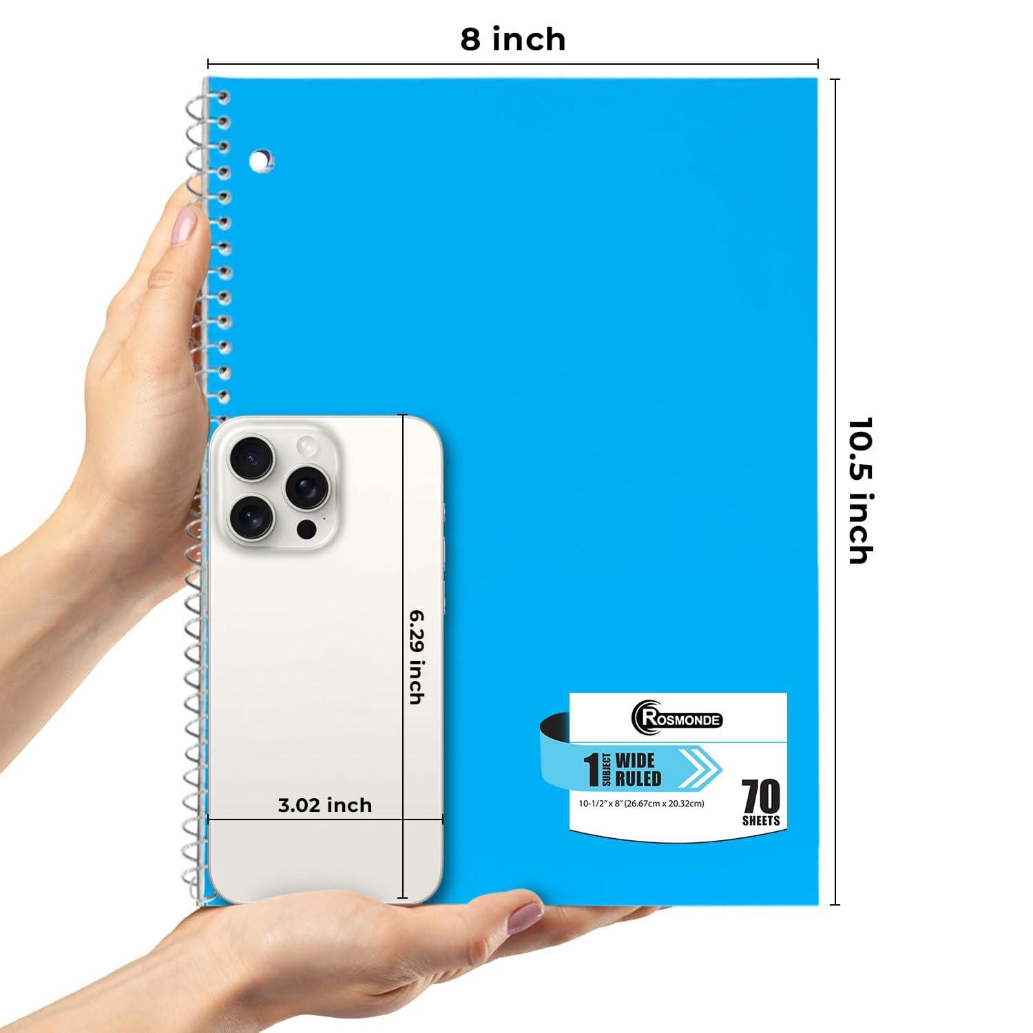 Rosmonde Spiral Notebooks, 12 Pack, 1 Subject Notebook, Wide Ruled, 70 Sheets, 8 x 10-1/2", 3 Hole Punched, School Supplies, Bulk Single Subject Spiral Notebook Bulk, Assorted Colors Pack of Notebooks - Image 2