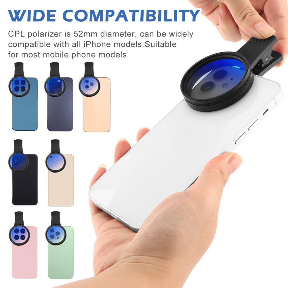 52MM Clip-on CPL Phone Camera Lens Filter Kit, Clip On Polarizer Phone Camera Lens Accessories Ultra Slim Phone Camera Lens Filter with Cleaning Cloth Works with Most Smartphones(Black) - Image 8