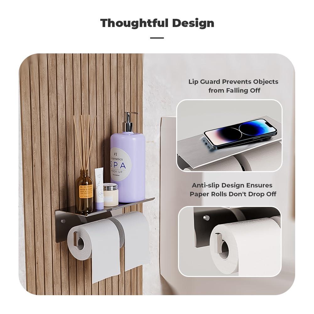 Double Toilet Paper Holder with Shelf, FreshGlow Large Tissue Holder Brushed Nickel, Wall Mount Commercial Toilet Paper Dispenser Phone Shelf Stainless Steel, Tissue Roll for Bathroom - Image 3