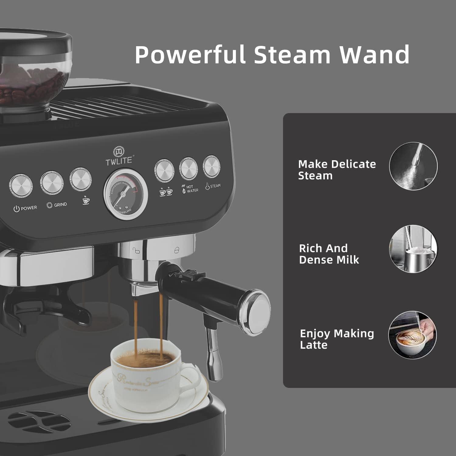 TWLITE 𝐄𝐬𝐩𝐫𝐞𝐬𝐬𝐨 𝐌𝐚𝐜𝐡𝐢𝐧𝐞 𝐰𝐢𝐭𝐡 𝐆𝐫𝐢𝐧𝐝𝐞𝐫, Professional Espresso Maker with Milk Frother Steam Wand, 15 Bar Barista Cappuccino Machine - Image 5