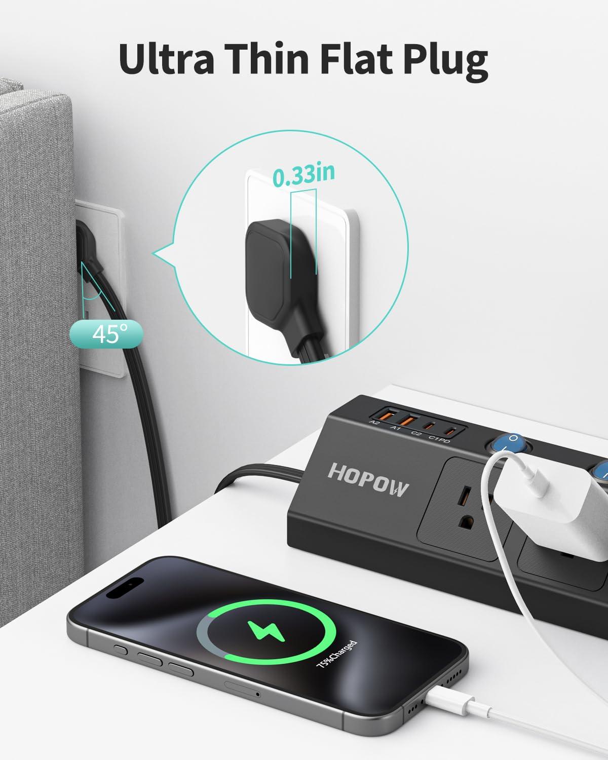 HOPOW Flat Plug Power Strip with Individual Switches, 10 Ft Ultra Thin Flat Extension Cord, 5-Outlet Surge Protector with 2 USB-C (20W PD) & 2 USB-A, 1700 Joules, Wall Mount for Home Office, Black - Image 4