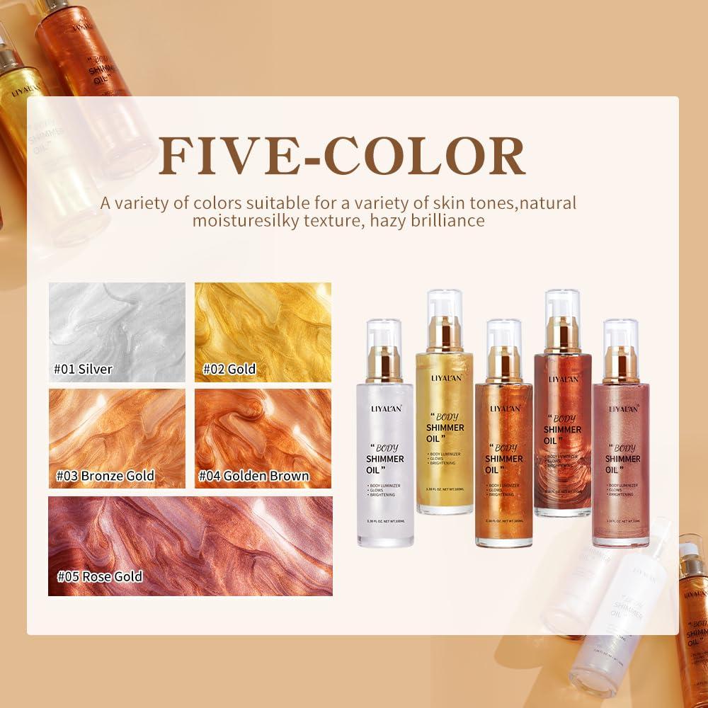 Liyalan Shimmer Body Oil Bronze Gold 5 Color Bronze 3.38 Fl Oz Face Glow Pearl Highlighter Illuminator body Makeup Shine Glitter Gold Liquid Taning - Image 7