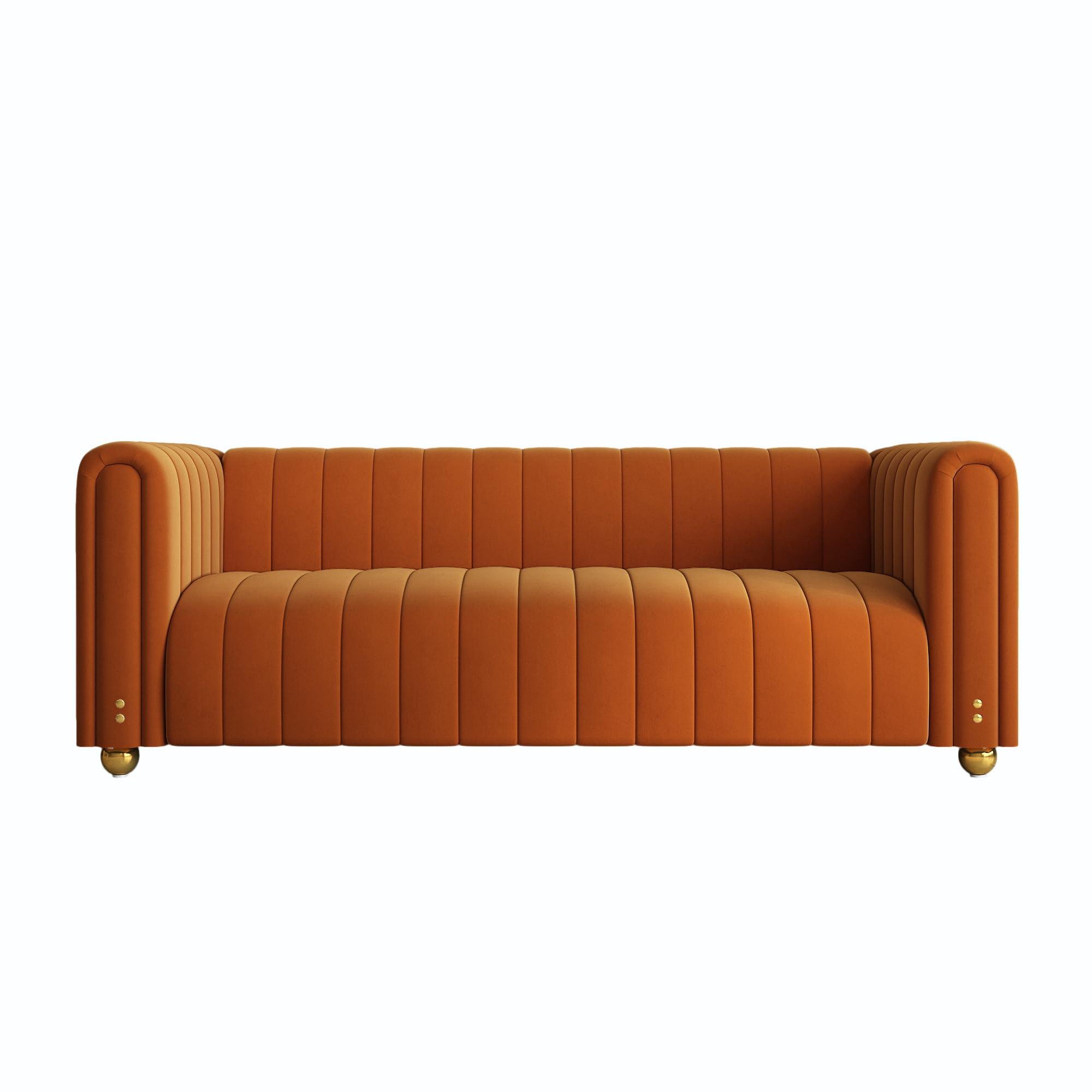 BuLaXong 81" Mid Century Modern Velvet Sofa, Loveseat 3 Seat Comfy Couch for Living Room, Orange Tufted Velvet Couch with Gold Metal Sphere Legs, Luxury Modern Sofa for Room Office Apartment - Image 9