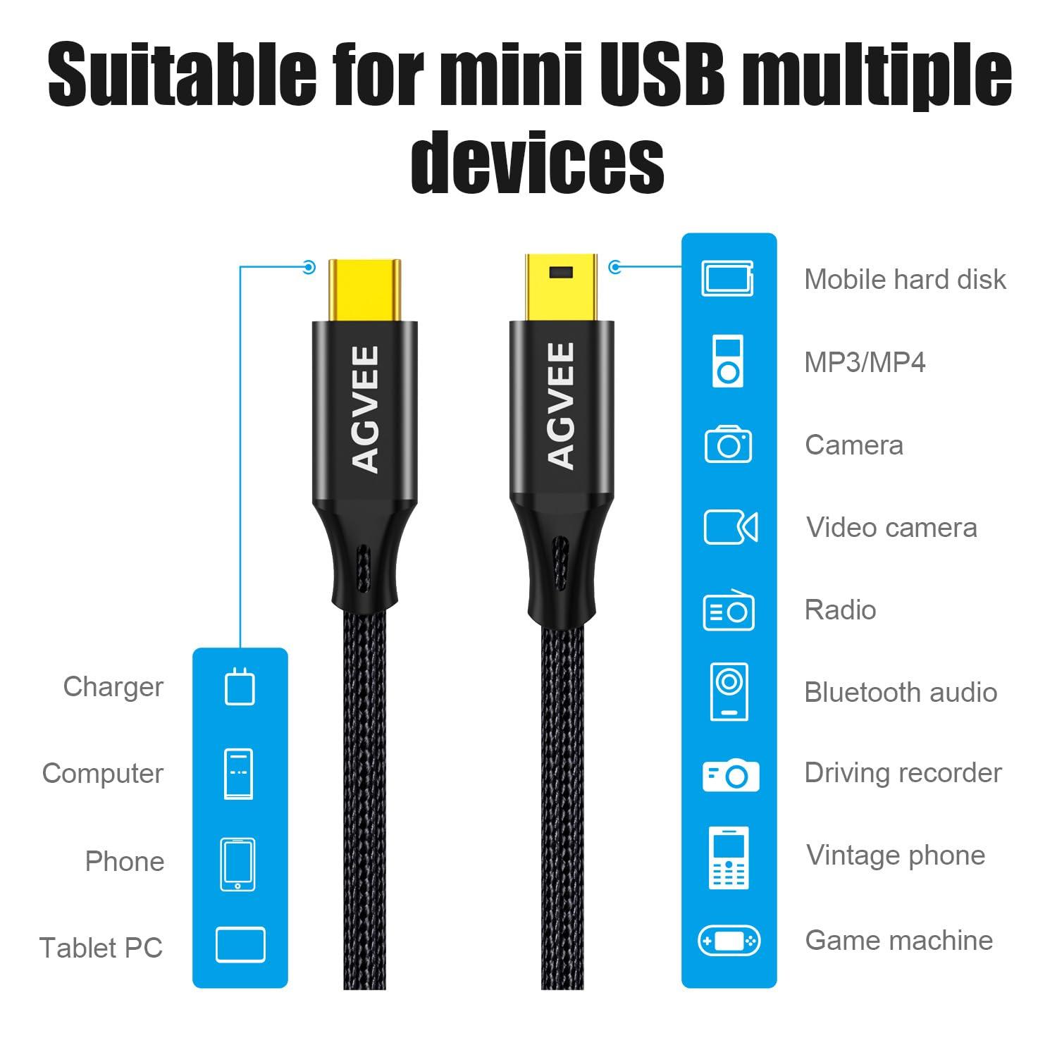 AGVEE 1ft USB-C to Mini USB Cable, Gold Plated End Tips, Braided Durable Mini-B 5-Pin to Type-C Data Charging Charger OTG Cord for Hero 3+, Canon Nikon Camera, GPS, Blue Yeti, Black - Image 5
