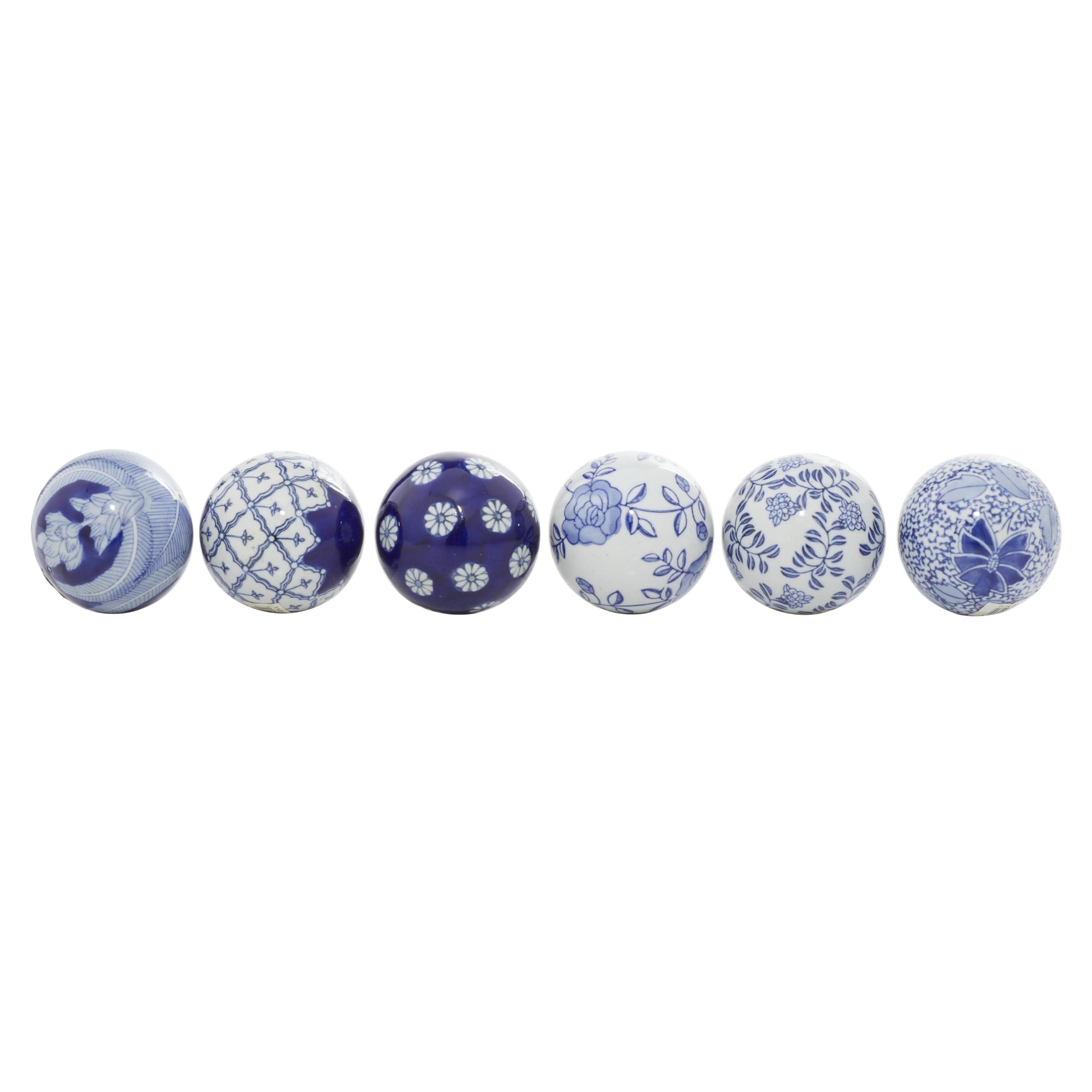 Deco 79 Glam Ceramic Orbs & Vase Filler with Assorted Patterns, Set of 6 3"D, Blue