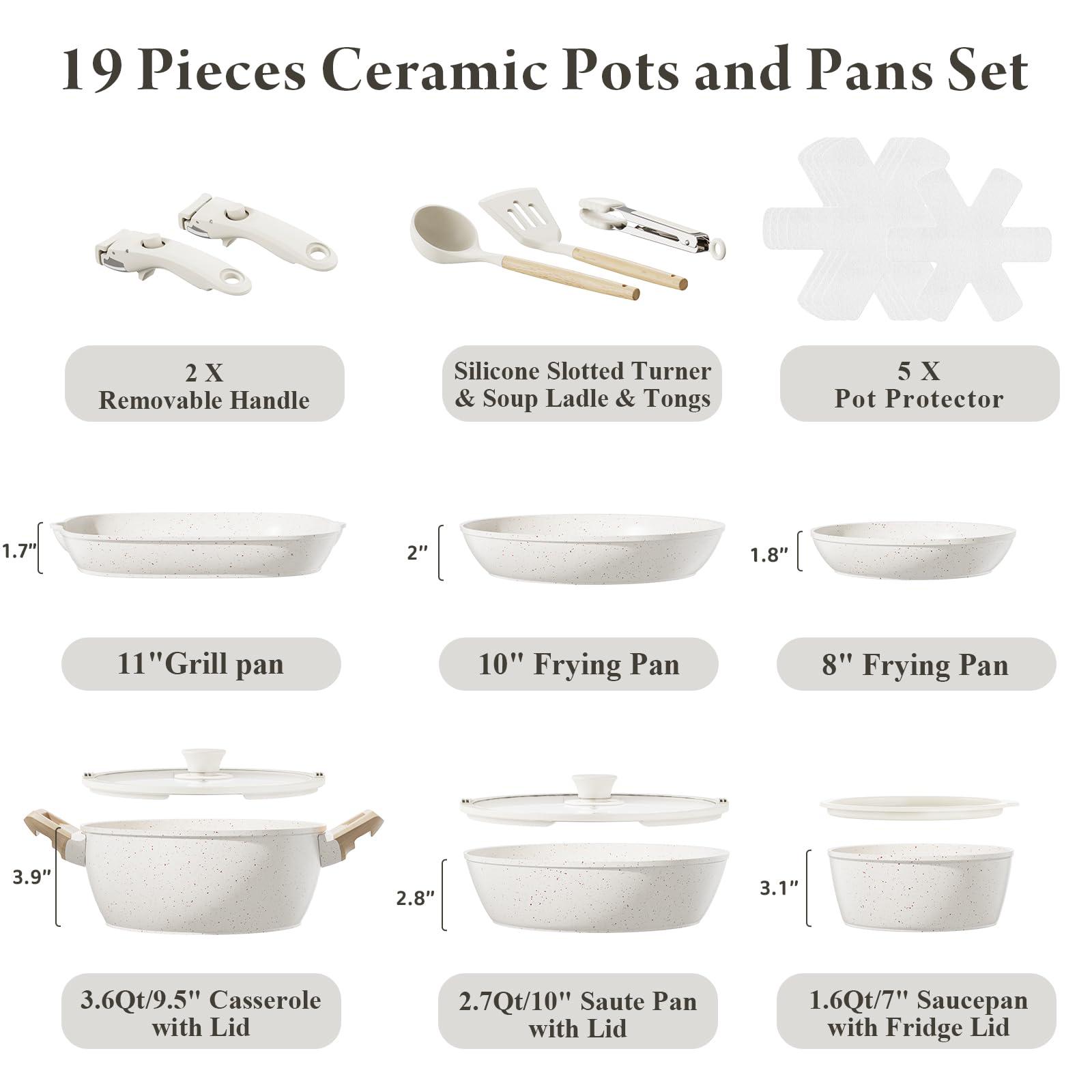 Bazova 19 Pcs Pots and Pans Set Non Stick Ceramic Cookware Set with Removable Handles, Non Toxic Induction Kitchen Cookware Sets RV Cookware,Dishwasher/Oven Safe PFAS/PTFE/PFOA Free Cream White - Image 2