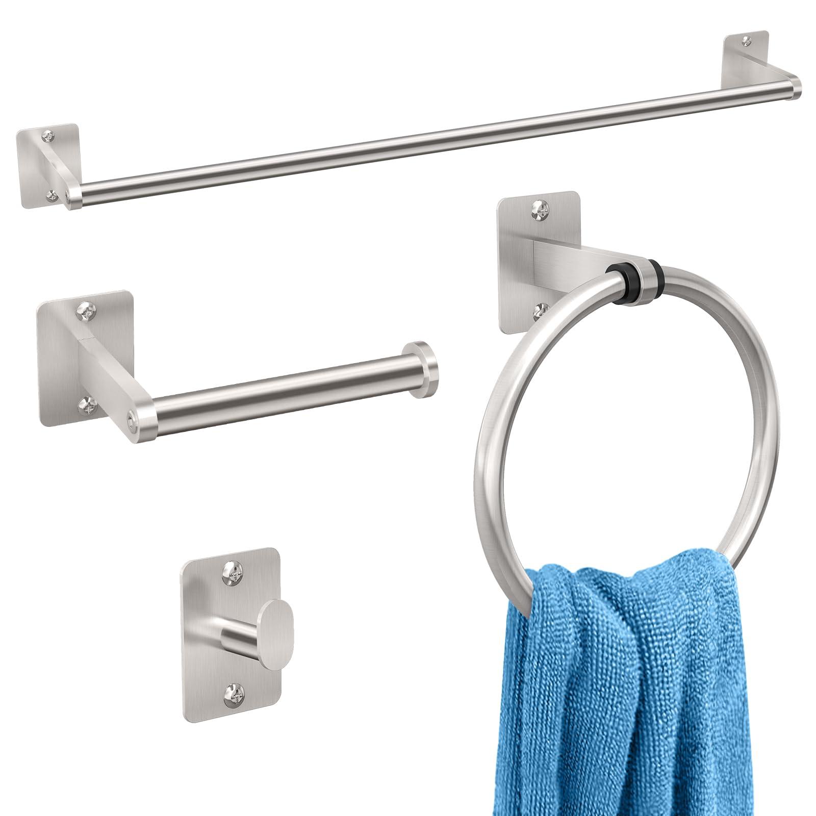 Brushed Nickel Bathroom Accessories Set, KLJKPA 4 Pieces Bathroom Hardware Set, 24 inch Towel Bar, Towel Racks for Bathroom, Robe Towel Hooks, Toilet Paper Holder Wall Mounted