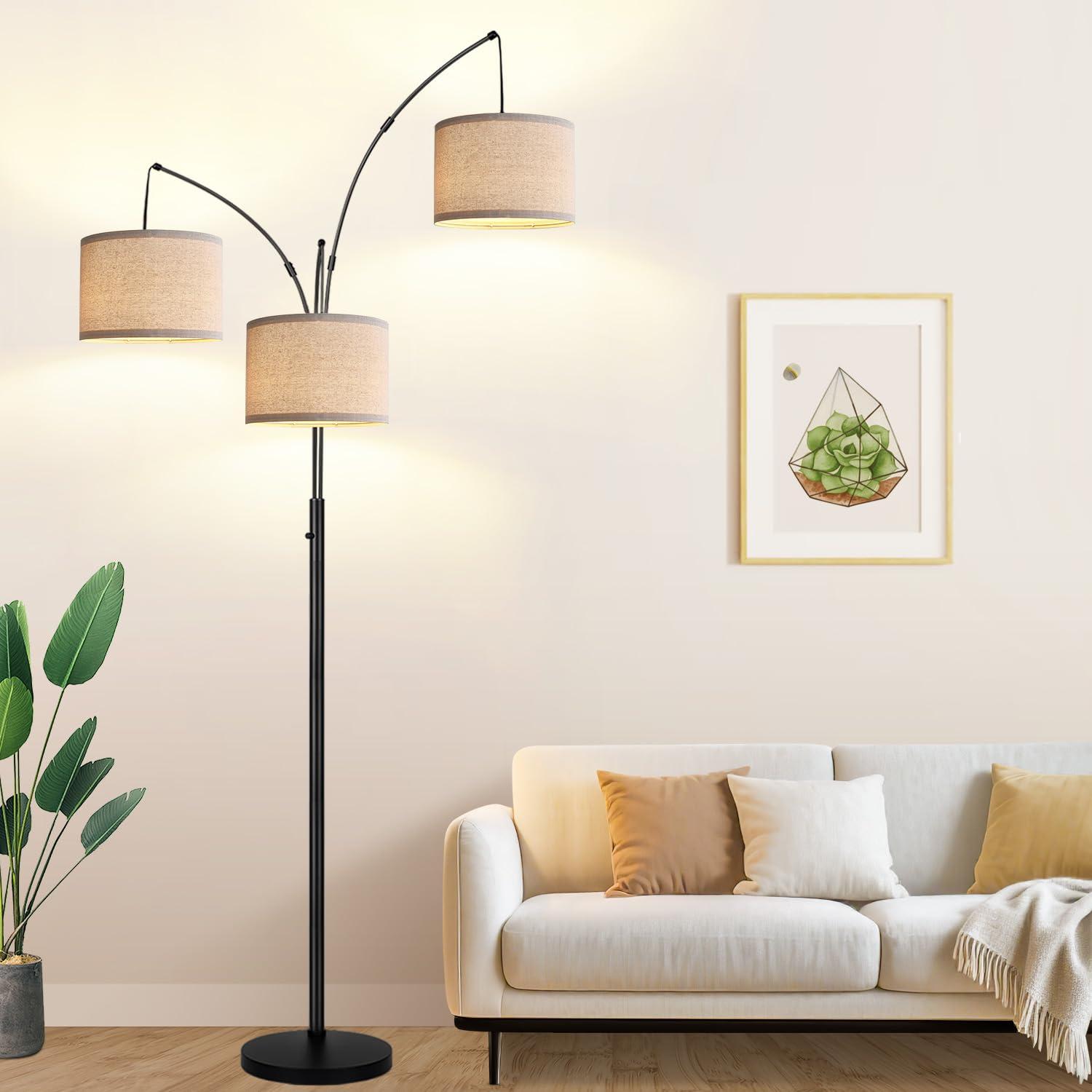 Dimmable Floor Lamp - 3 Lights Arc Floor Lamps for Living Room, 1000LM Modern Tall Standing Lamp With Beige Shades & Heavy Base, Mid Century Tree Floor Lamp for Bedroom Office, 3 LED Bulbs Included