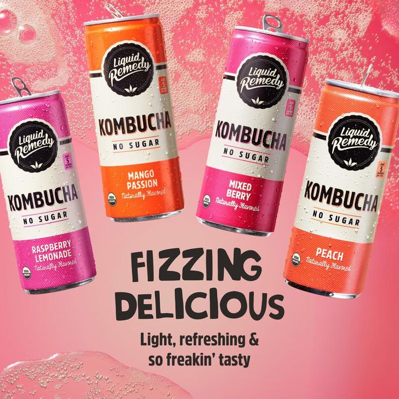 Liquid Remedy Kombucha Sugar Free Organic Drink, Low Calorie, Probiotic Like Tea for Gut Health - Super Sampler Variety Pack - 8.5 Fl Oz Can, 24-Pack - Image 4