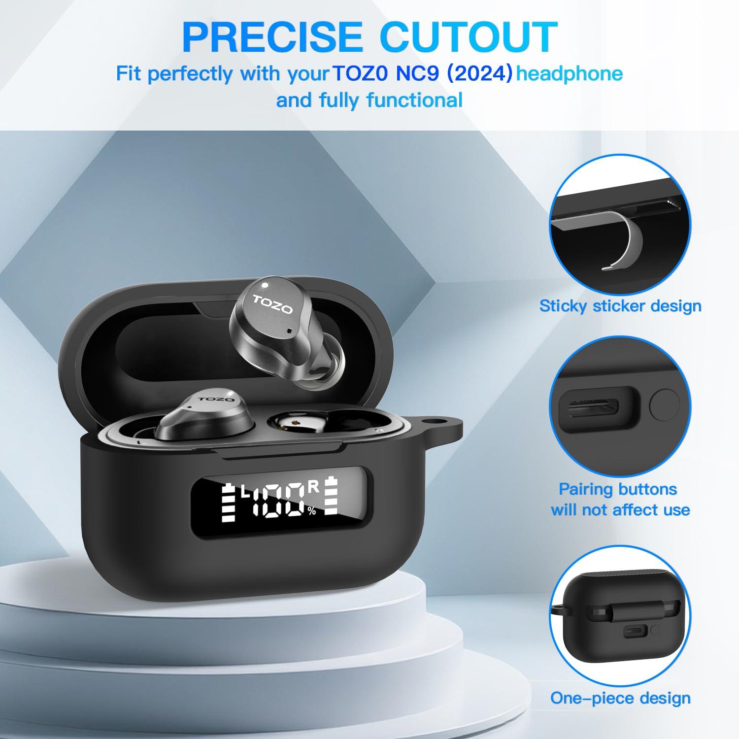 for TOZ0 NC9 (2024) Case Cover, Soft Silicone Shockproof Protective Case for TOZO Hybrid Active Noise Cancelling Wireless Earbuds with Keychain - Front Battery Display LED Visible Design (Black) - Image 3