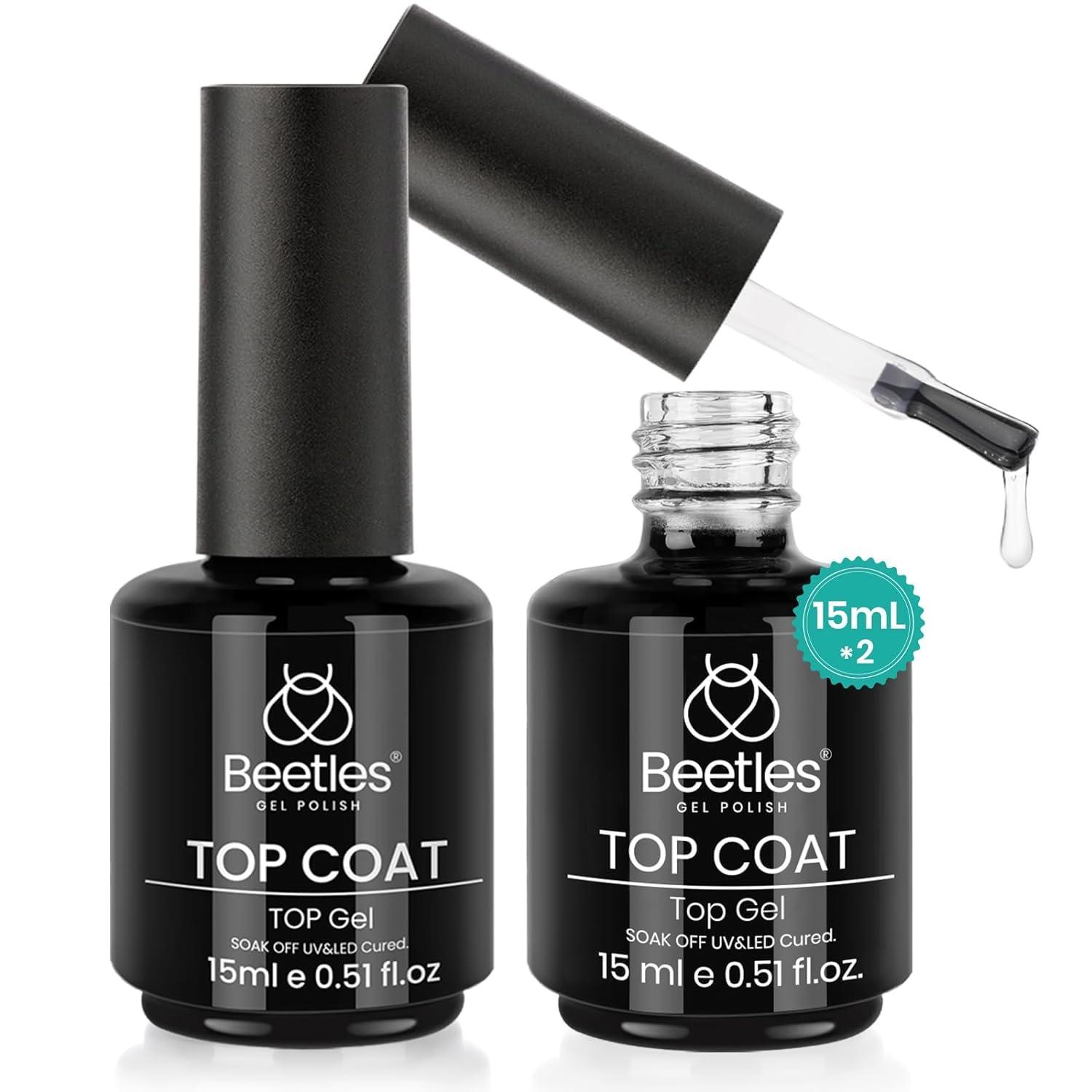 beetles Gel Polish 2Pcs 15ml No Wipe Top Coat Gel Nail Polish High Gloss Shiny Long-Lasting Clear Gel Top Coat, Soak Off Nail Lamp, Home DIY Professional Manicure and Nail Salon