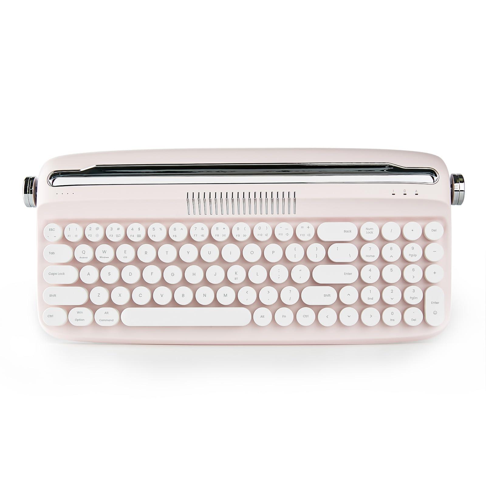 YUNZII Upgraded Wireless Typewriter Keyboard,with Retro Integrated Stand,USB-C/Bluetooth,Cute Round Keycaps, USB-C/Bluetooth Connection for Table, Phone, PC and Win/Mac/Android (B309, Baby Pink)