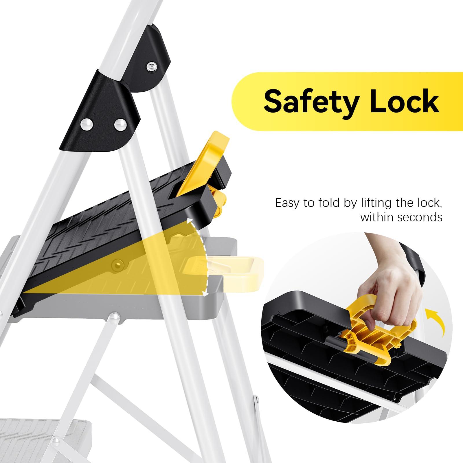 KINGRACK 3 Step Folding Ladder, 800lbs Capacity Step Stool with Safety Lock, Non-Skid Wide Pedals, and Handrail, Lightweight, Household Ladder for Home, Kitchen, Pantry, Closets, and Office Use, White - Image 6