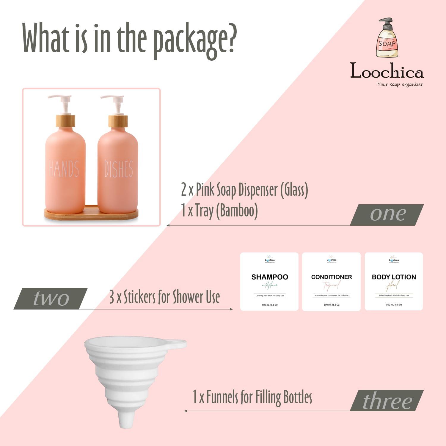 Loochica 2 Pack Blush Pink Glass Soap Dispenser Set with Tray, Hand and Dish Glass Soap Dispensers for Kitchen Sink, Kitchen Soap Dispenser Set Suitable for Kitchen Decor - Image 3