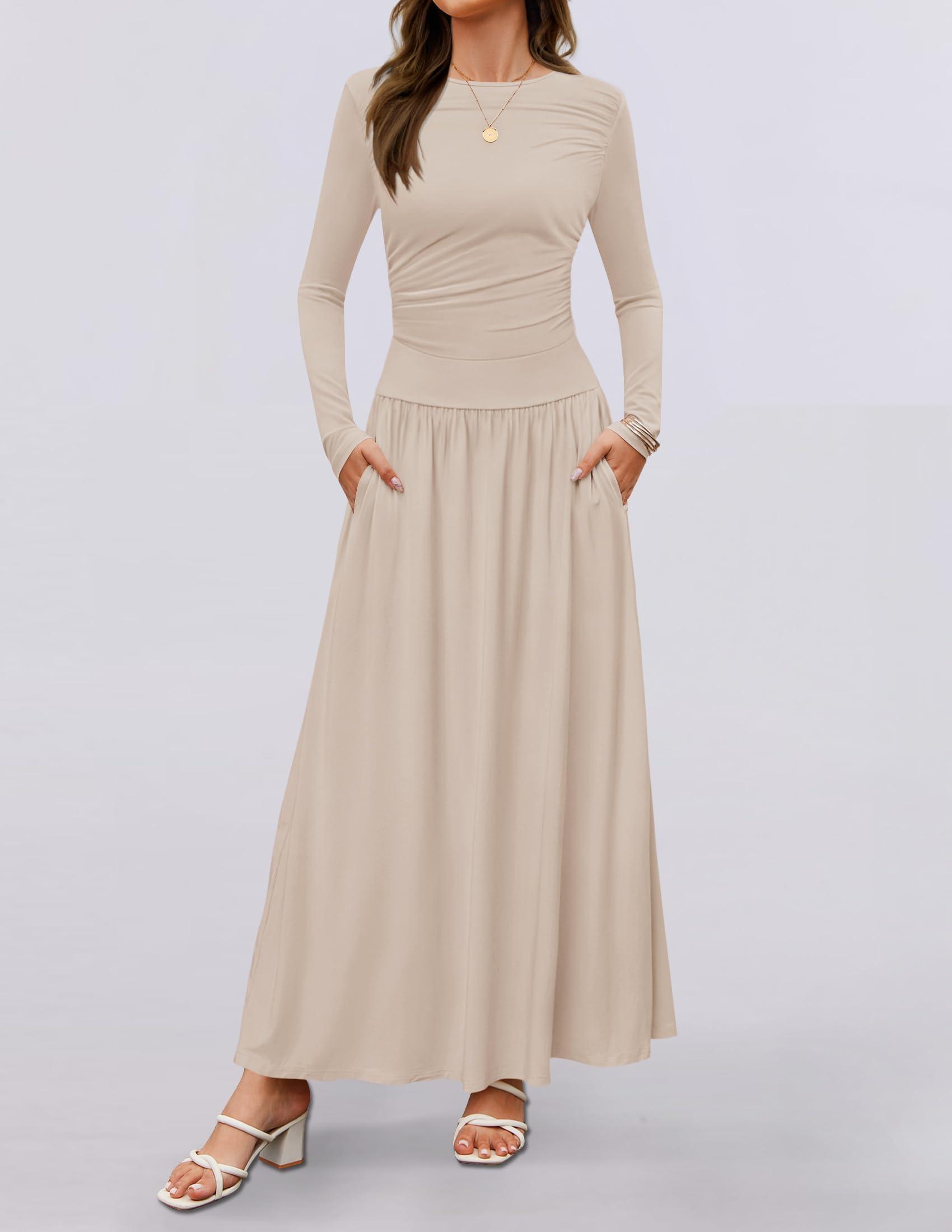 ZESICA Women's Long Sleeve Spring Maxi Dress 2025 Crewneck Knit Casual Slim Swing Pleated Dresses with Pockets - Image 6
