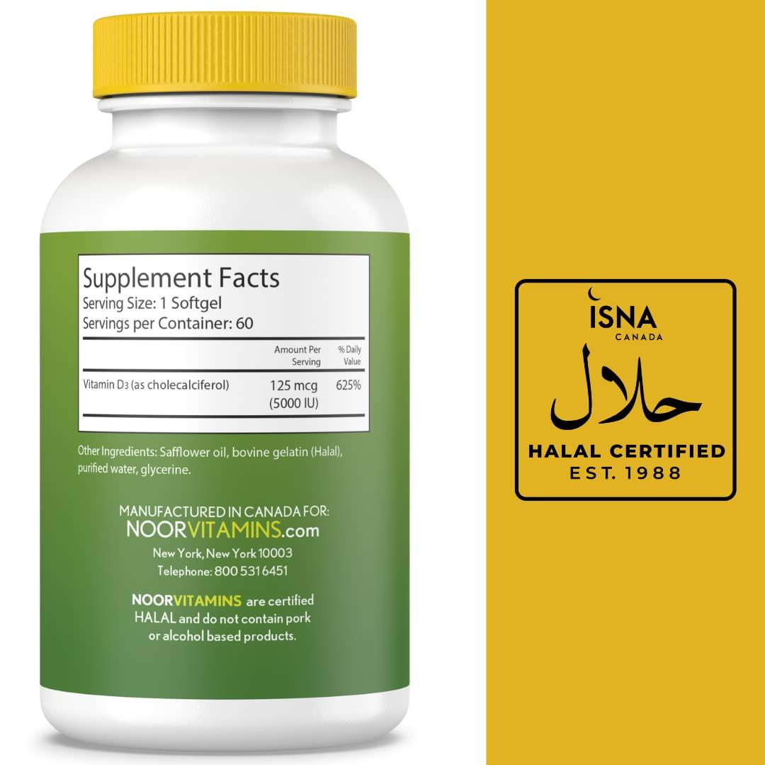 Noor Vitamins Halal Vitamin D, Halal Vitamin D3, 5000 IU Softgels, Supports Bone, Immune & Heart Health, from Safflower Oil to Maximize Absorption, Non-GMO, Gluten Free & Halal (60 Count)… - Image 2
