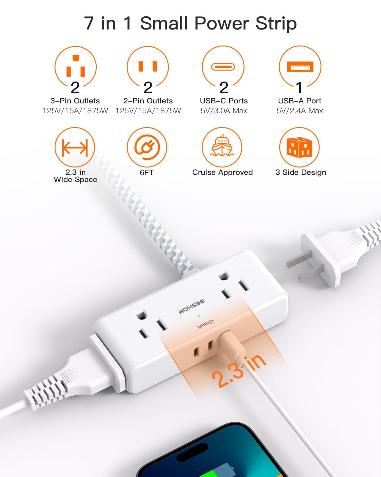 Flat Extension Cord 6 feet, Flat Plug Power Strip, 4 Widely Outlets with 3 USB Ports (2 USB C), 3 Side Outlet Extender with Extension Cord with Multiple Outlets for Home, Office, Dorm Room Essentials - Image 3