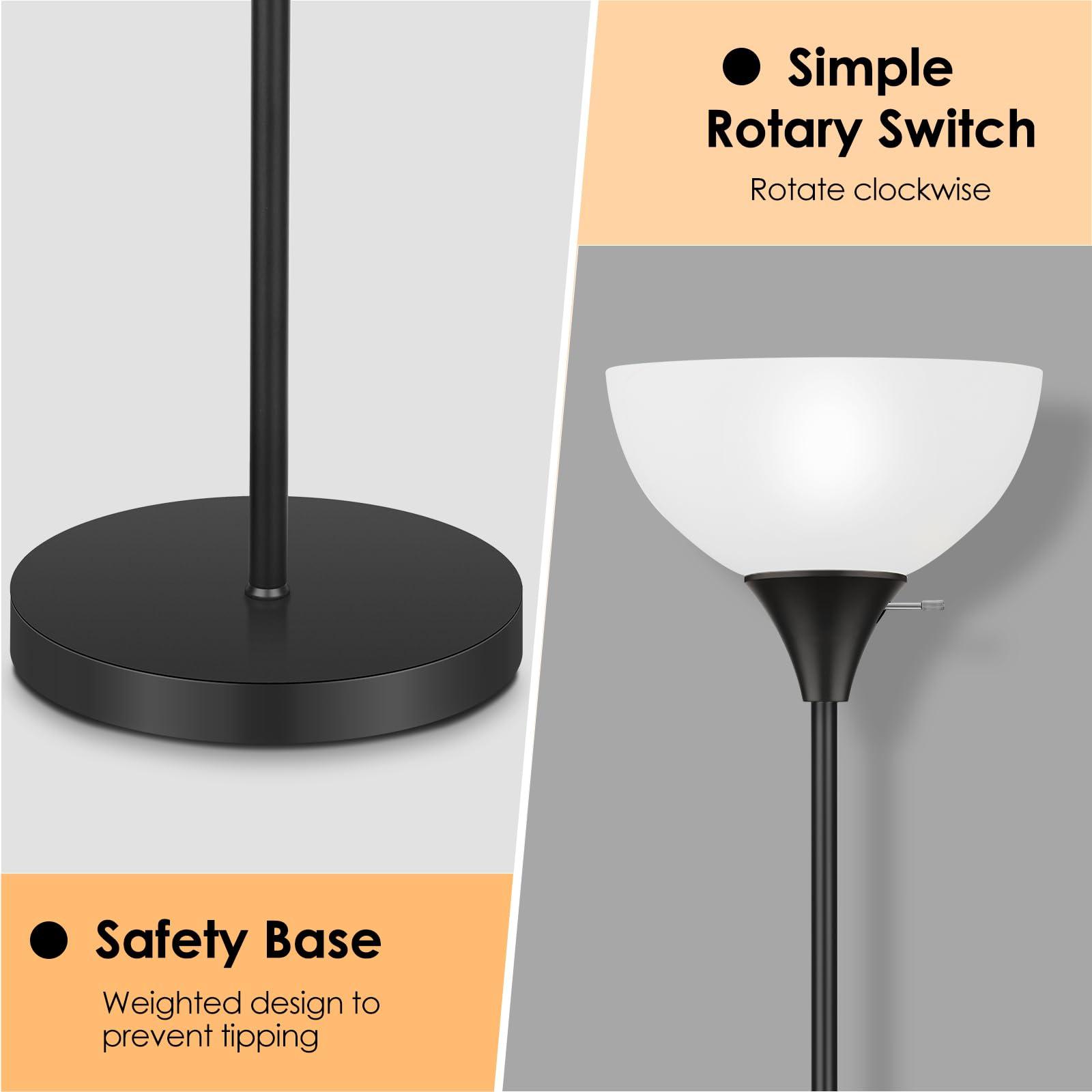 Coucrek Floor Lamp, LED Standing Lamps with White Plastic Shade, Black Modern Torchiere Floor Lamp, Tall Lamps for Living Room Dorm, Bulb not Included - Image 3