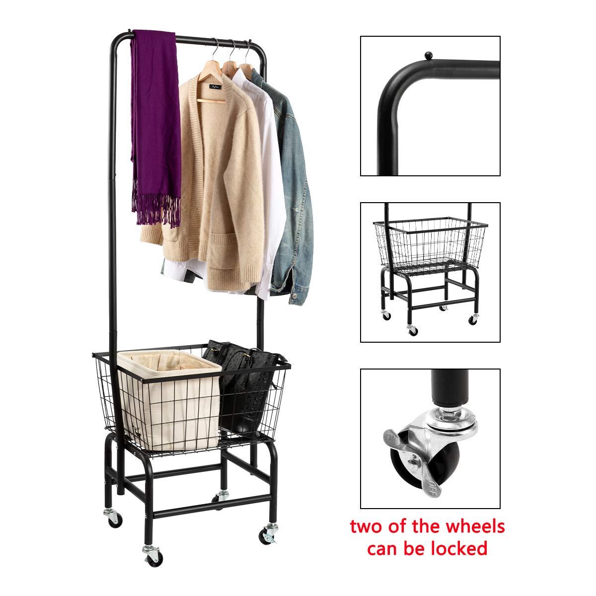 ALIMORDEN Laundry Cart with Clothes Rack, Rolling Laundry Butler with Wire Storage Rack，Black - Image 4