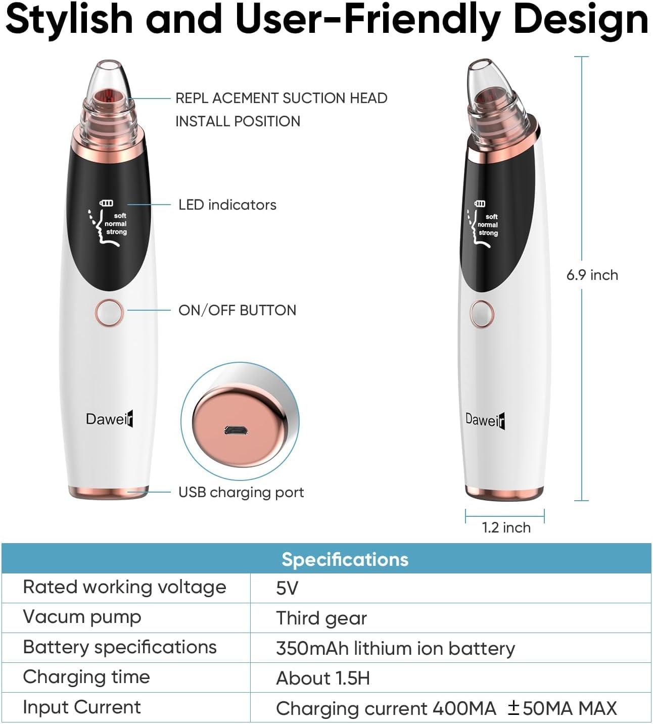 Blackhead Remover Vacuum - Black Head Remover for Face, Blackhead Extractor Tool with 65kPa Suction, 5 Tips & 3 Levels, USB Rechargeable Pore Vacuum Cleaner for All Skin Types (White) - Image 7
