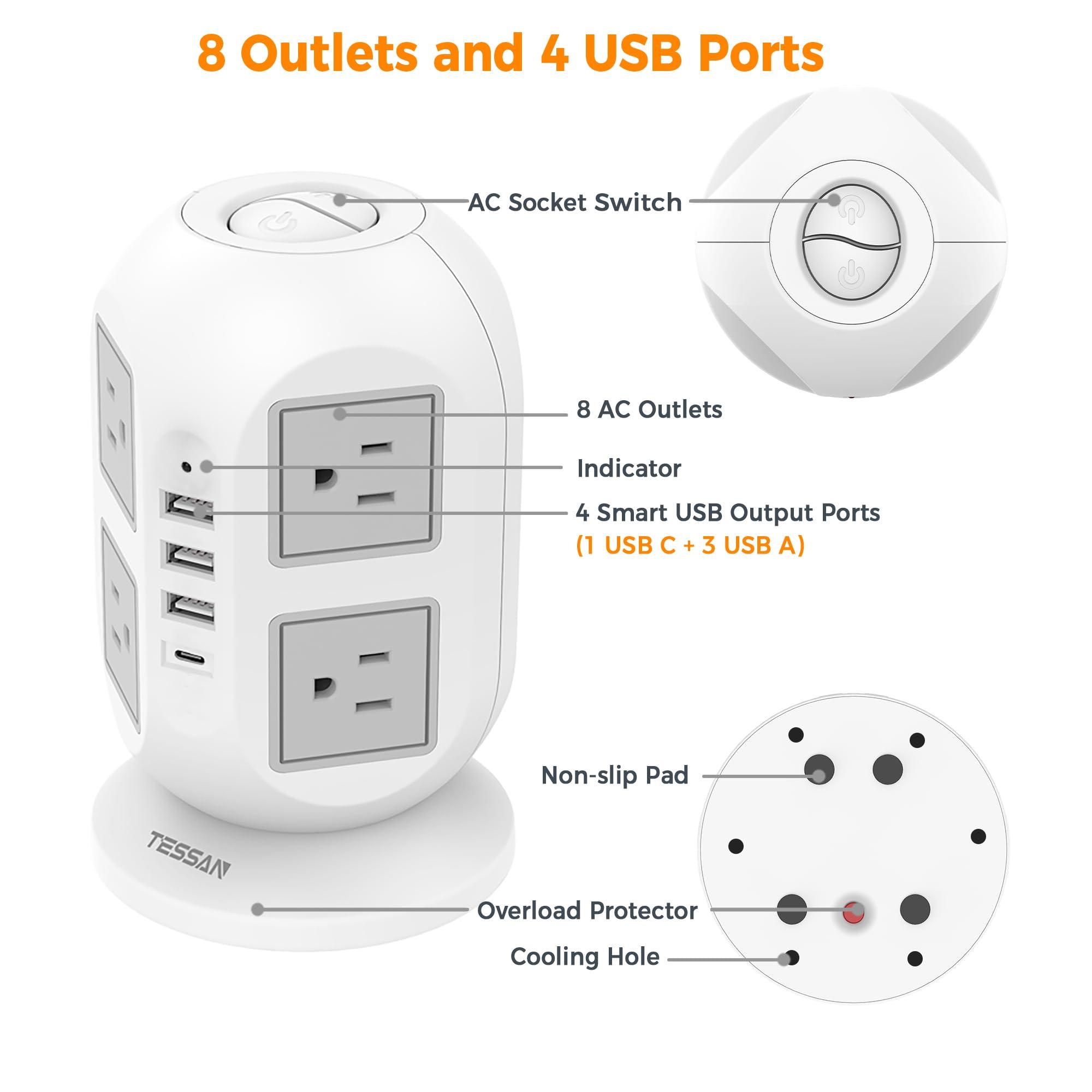 Tower Surge Protector Power Strip 10 ft, TESSAN Long Flat Extension Cord with Multiple Outlets, 8 AC Outlets with 4 USB Ports (1 USB C), Charging Station with Surge Protection, for Home Office Dorm - Image 5